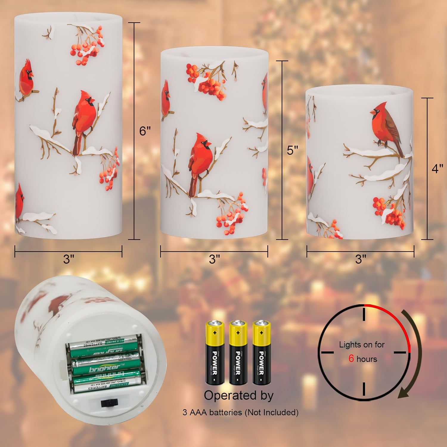 Cardinal Theme Christmas Flameless Candles with 6H Timer, Real Wax LED Pillar Candles Flickering, Battery Operated Waxy Candles for Home Fireplace Décor Christmas Gifts, 3x4/5/6 inches - Image 3