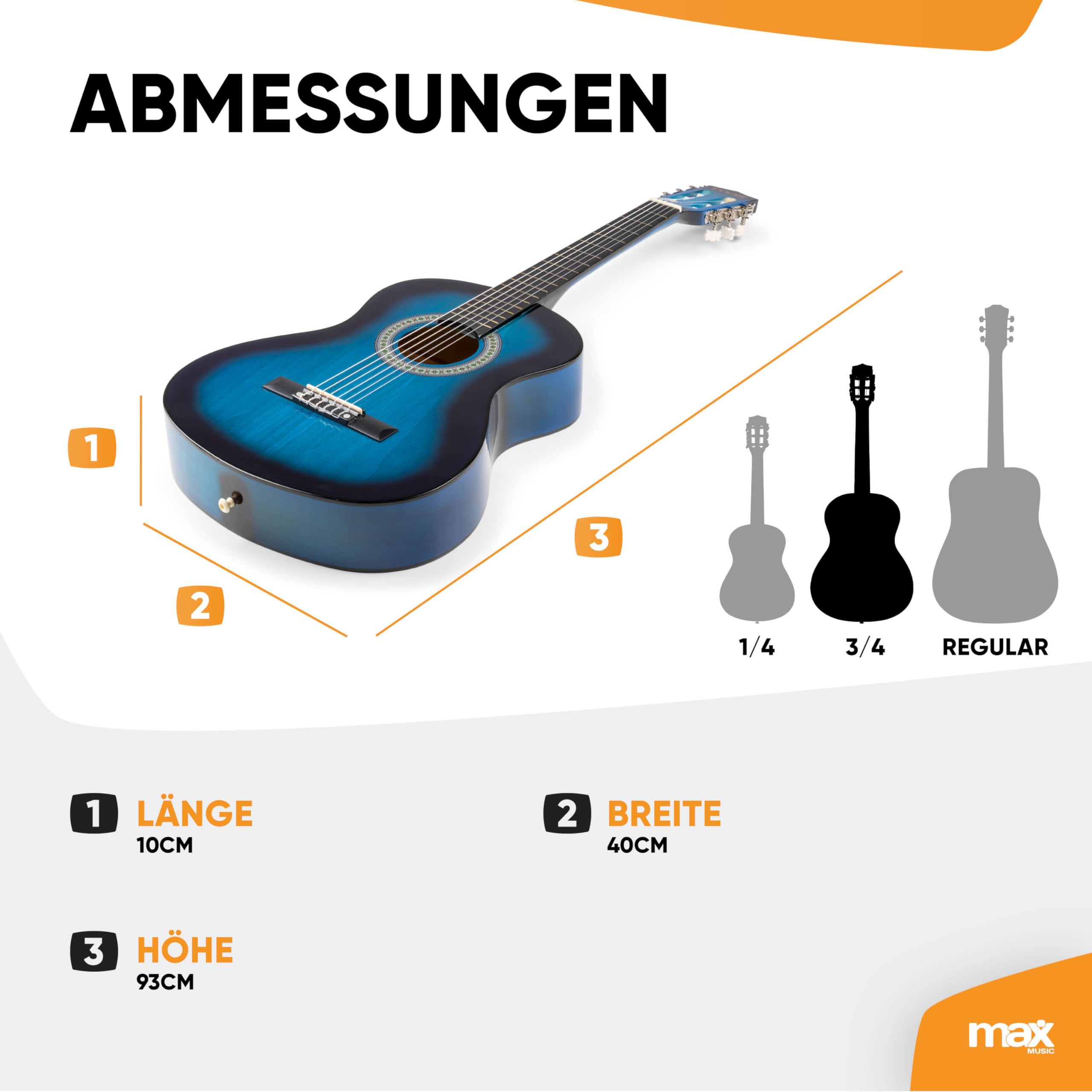 MAX SoloArt Junior - Akustik Gitarre 3/4, Kinder Gitarre inkl. Stimmgerät, Ständer, Tasche, Plektrum, Gurt und Saiten-Zubehör, 3/4 Guitar in Holz Blau