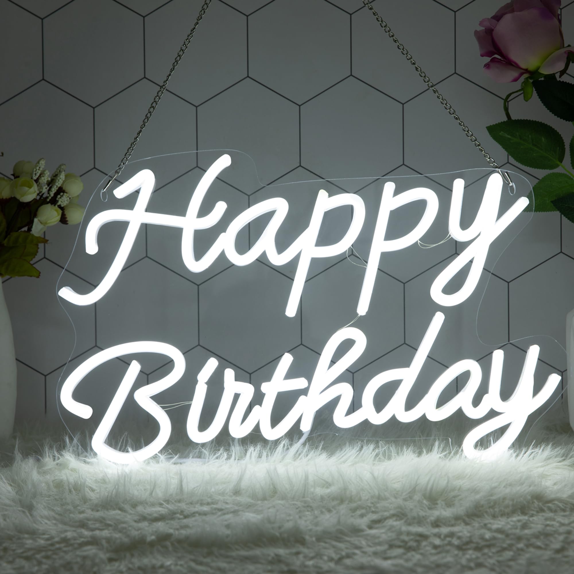 QOCOO 16 Inch Happy Birthday Neon Sign, LED Sign for Backdrop Decor, Reusable Birthday Party Decoration
