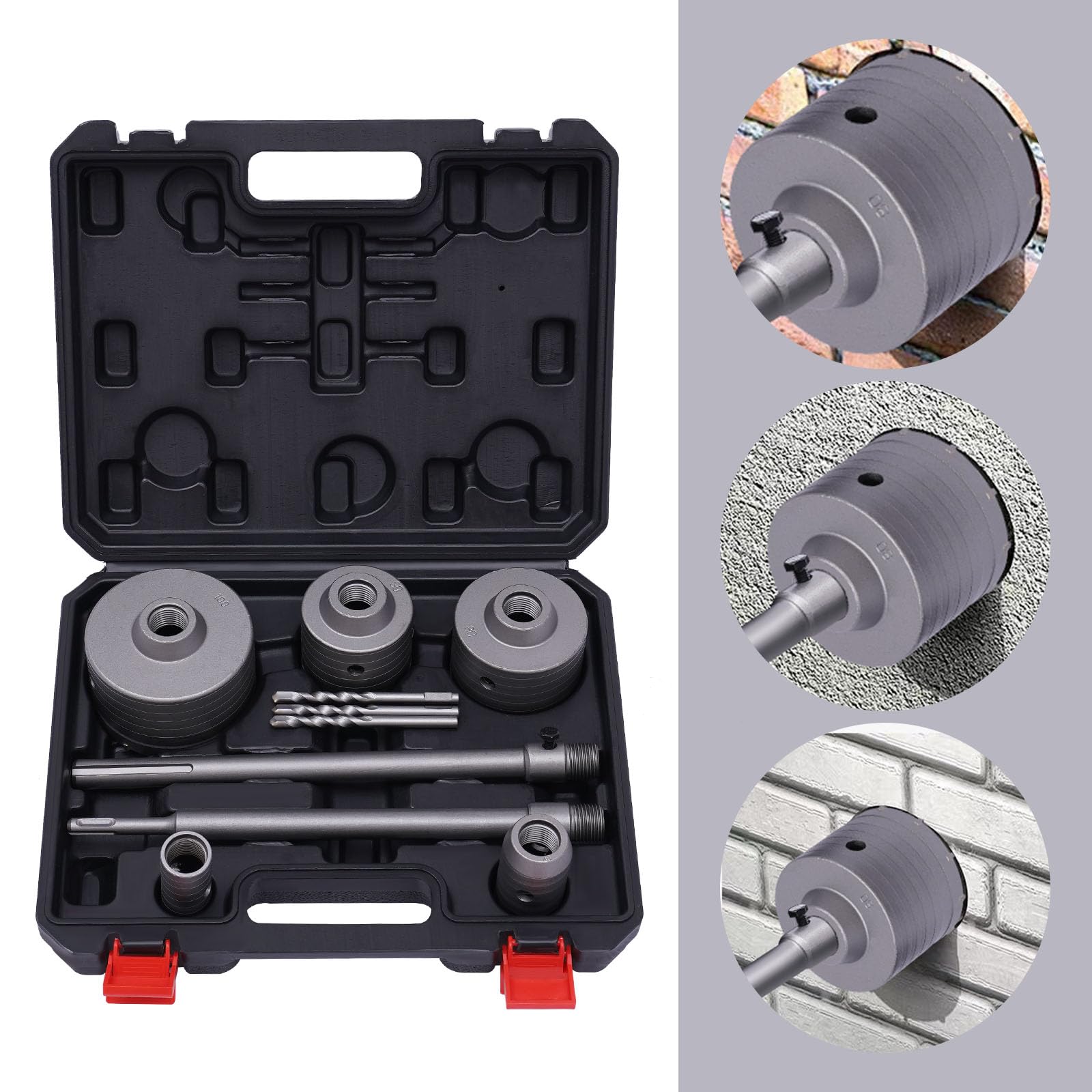 Set di corone per cemento e mattoni + attacco SDS-Plus/Max 300 mm, set di seghe a tazza