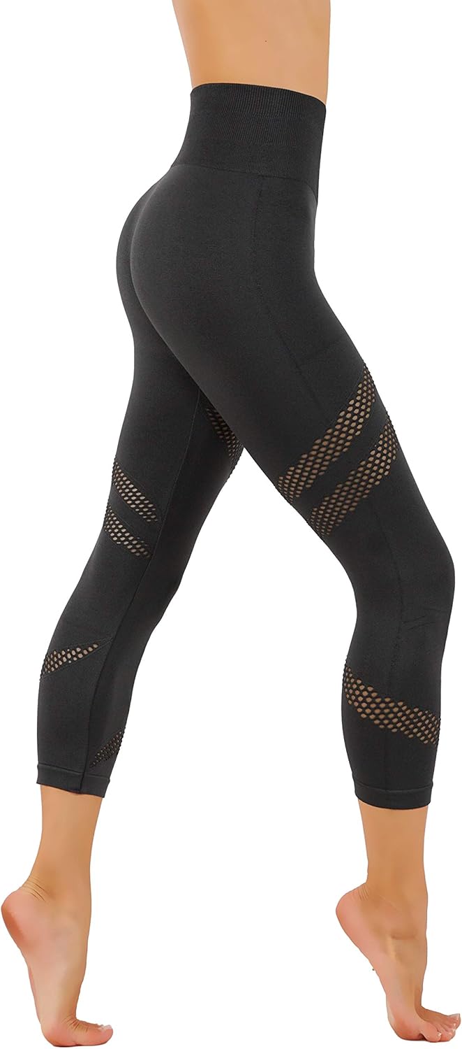 Yoga Dry-Fit Capri Leggings with Mesh Cut Outs High Waist Tummy Control Workout Pants