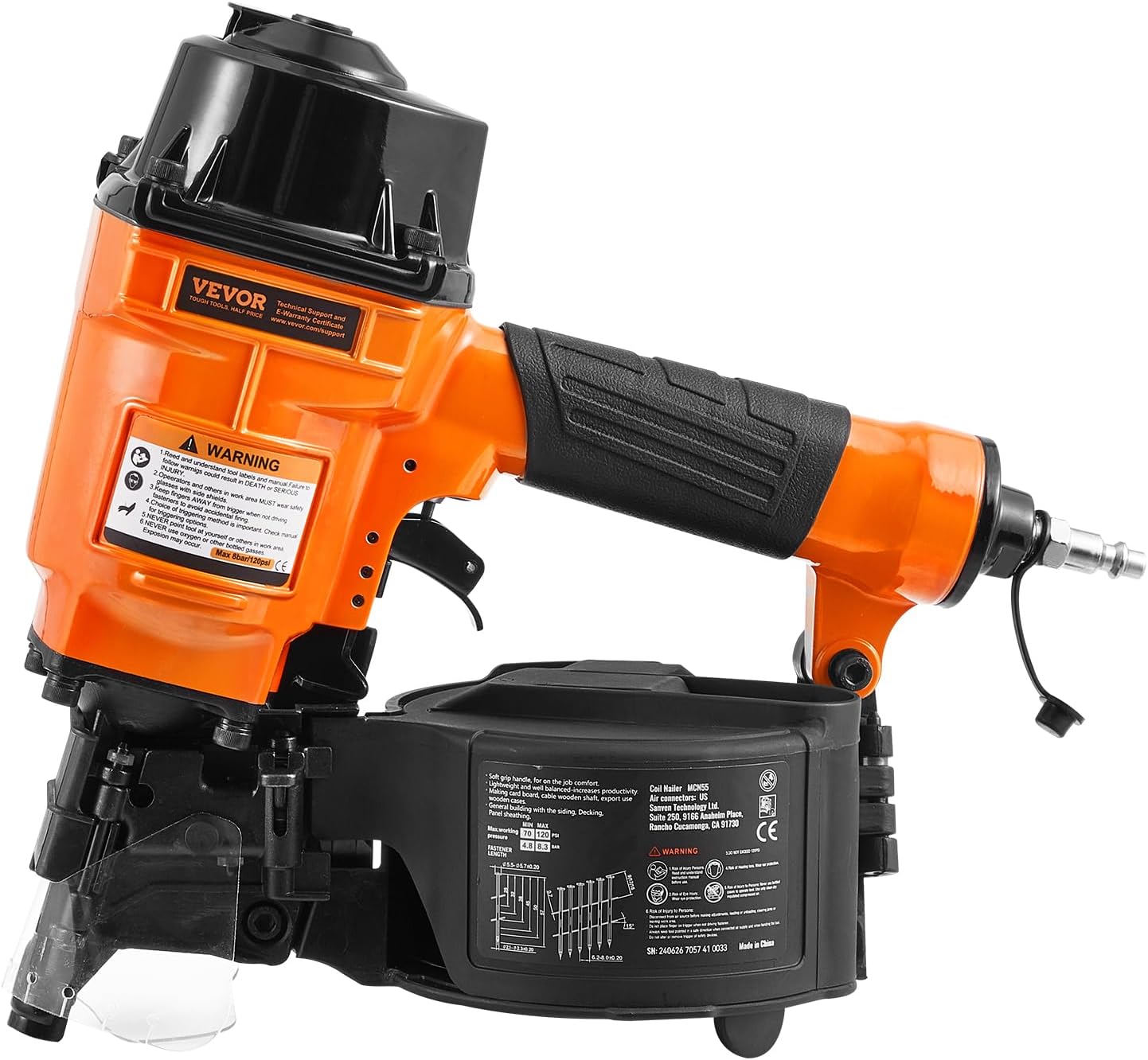 VEVOR MCN55 Coil Siding Nailer with detailed specifications table
