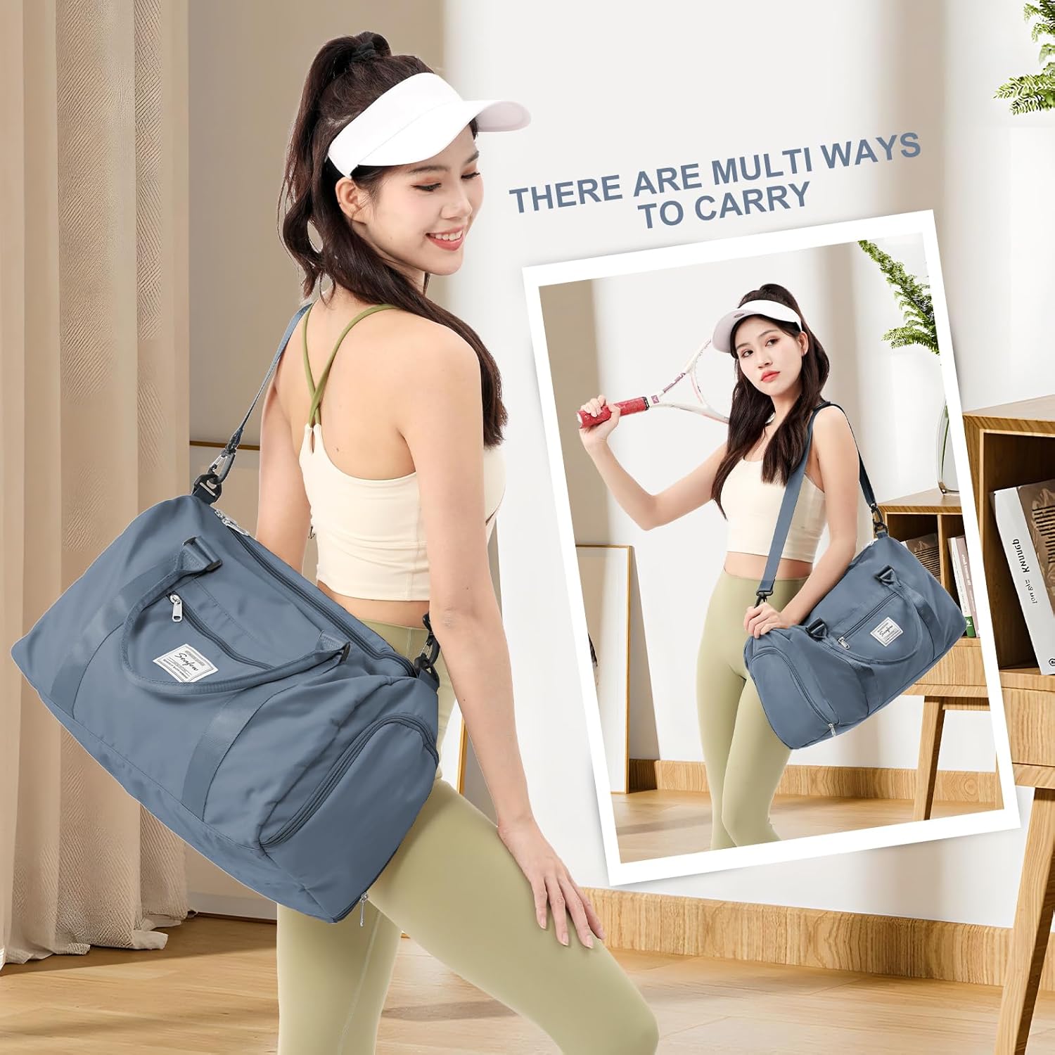 Gym Bag for Women Men with Shoes Compartment,Sports Duffle Bag Personal item travel Duffel Bags Tote Bag Small Carry on Weekender Overnight Bag Workout Dance Bag Hospital Holdalls Grey Blue - Image 5