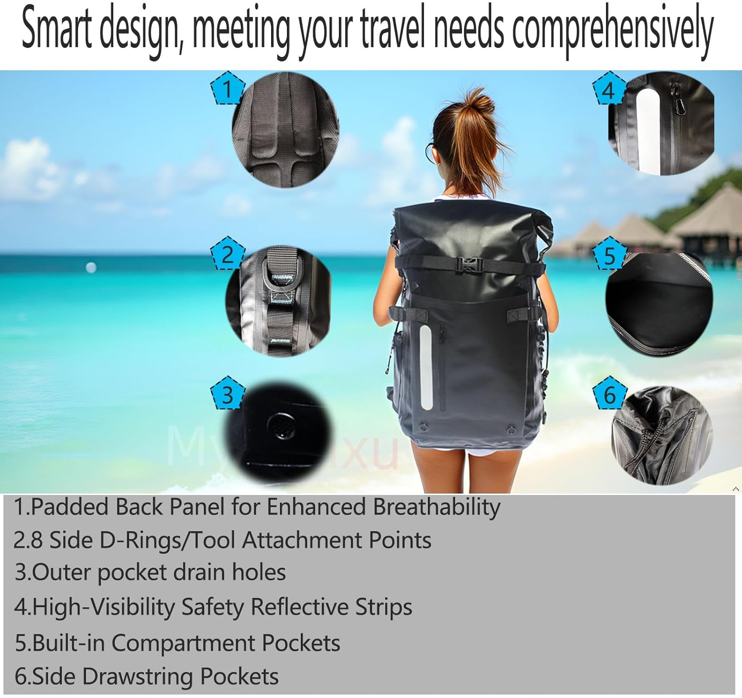 Black 30L Waterproof Backpack - Roll Top Dry Bag for Kayaking, Hiking, Fishing | Floating & Submersible Outdoor Gear - Image 4