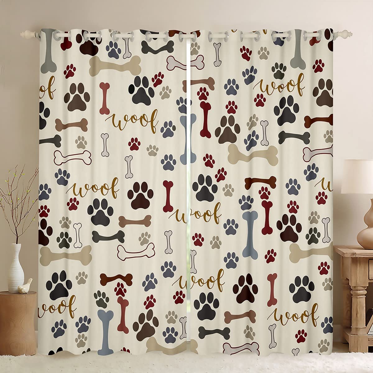feelingyou Cute Dog Paws Curtains for Windows,Corgi Pug Lovely Animals Pets Curtains for Living Room Bedroom,Dog Bones Cartoon Colorful 100% Blackout Drapes 2 Panel Sets,66x72L