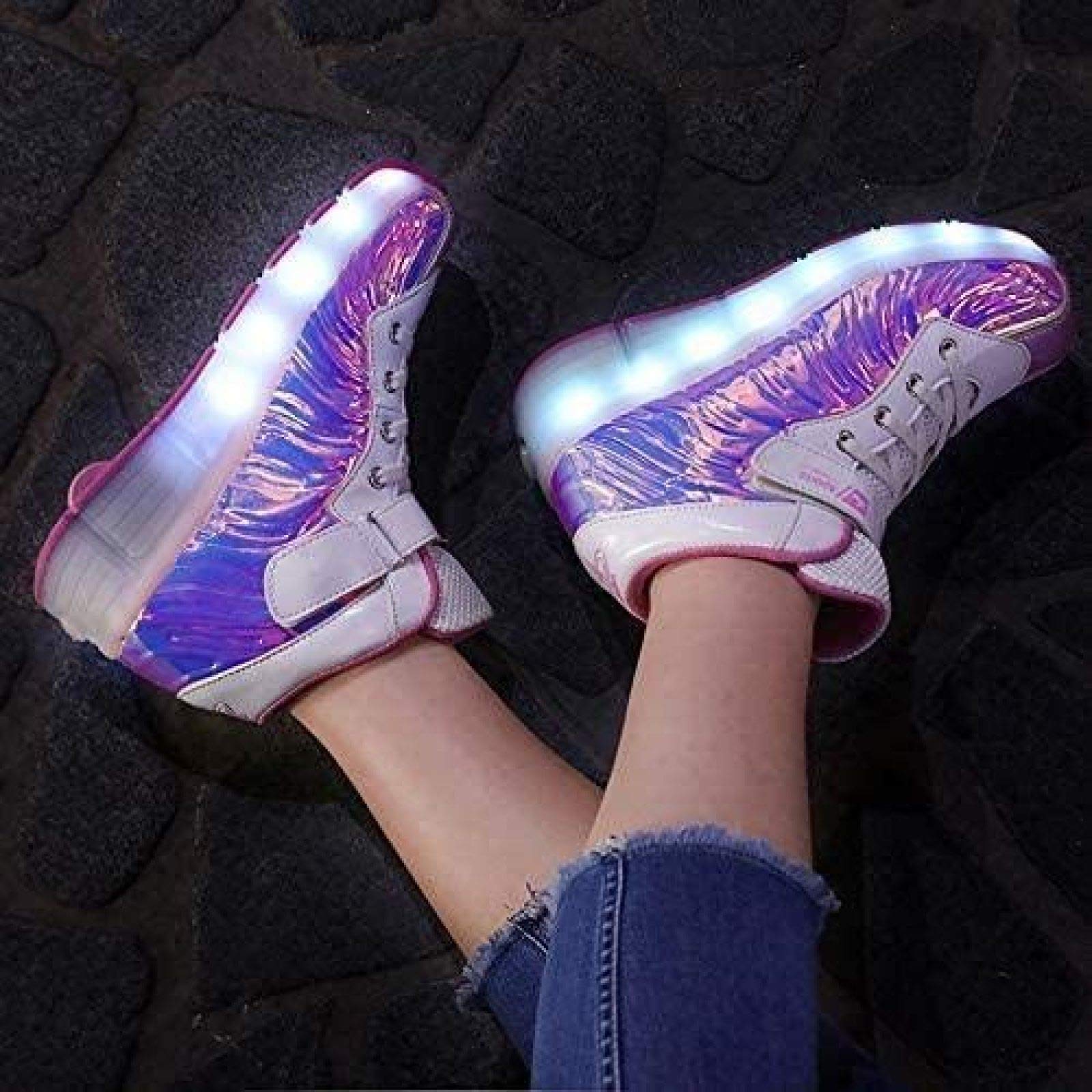 Zapatillas De Skate LED con Ruedas Dobles Zapatillas De Skate Zapatillas con Ruedas LED Niños Niños Niñas Gimnasia Al Aire Libre Zapatillas De Moda Técnica,Pink-35 EU