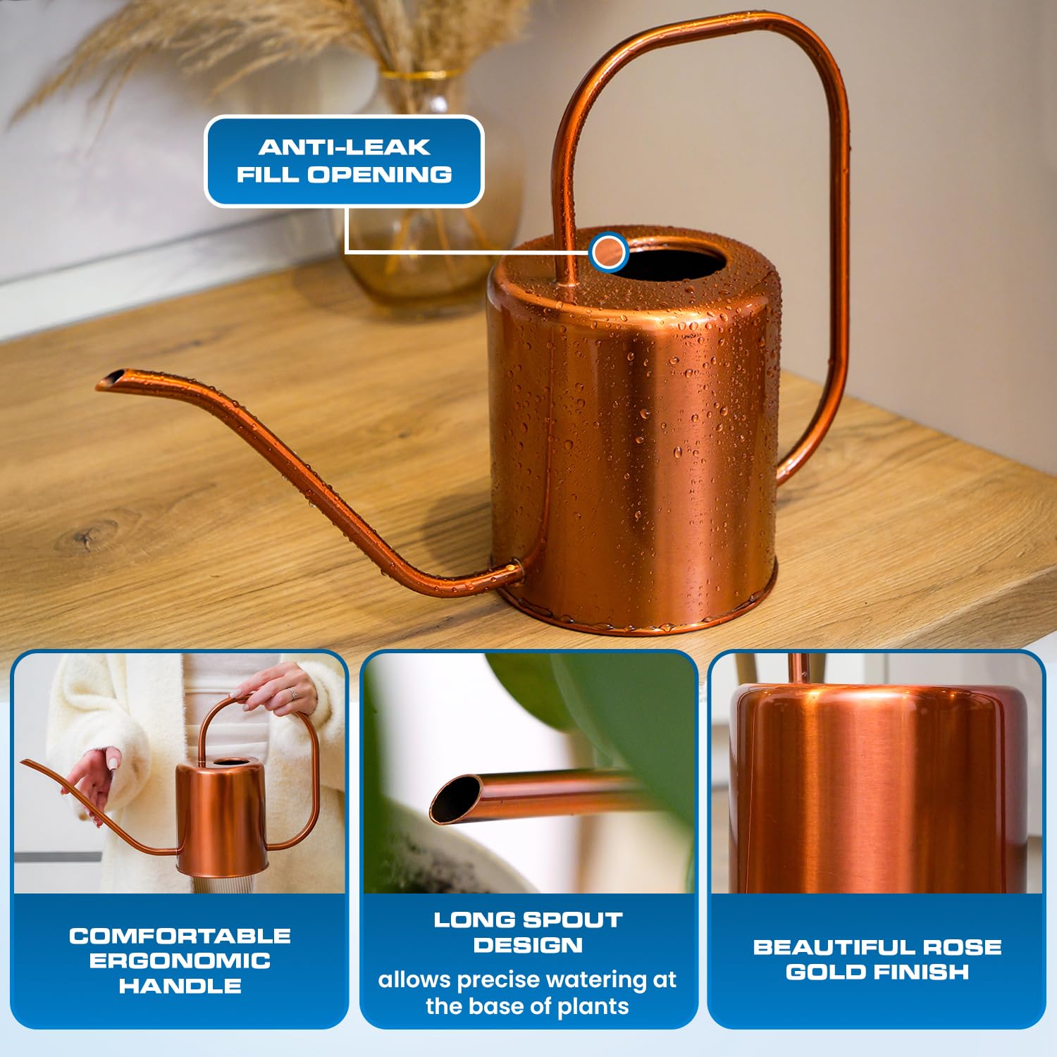 Plexon Metall-Gießkanne für Zimmerpflanzen, 1,5 l, Edelstahl, langer Auslauf, Gießkanne für den Außenbereich, Haus, Pflanze, Blume, Garten
