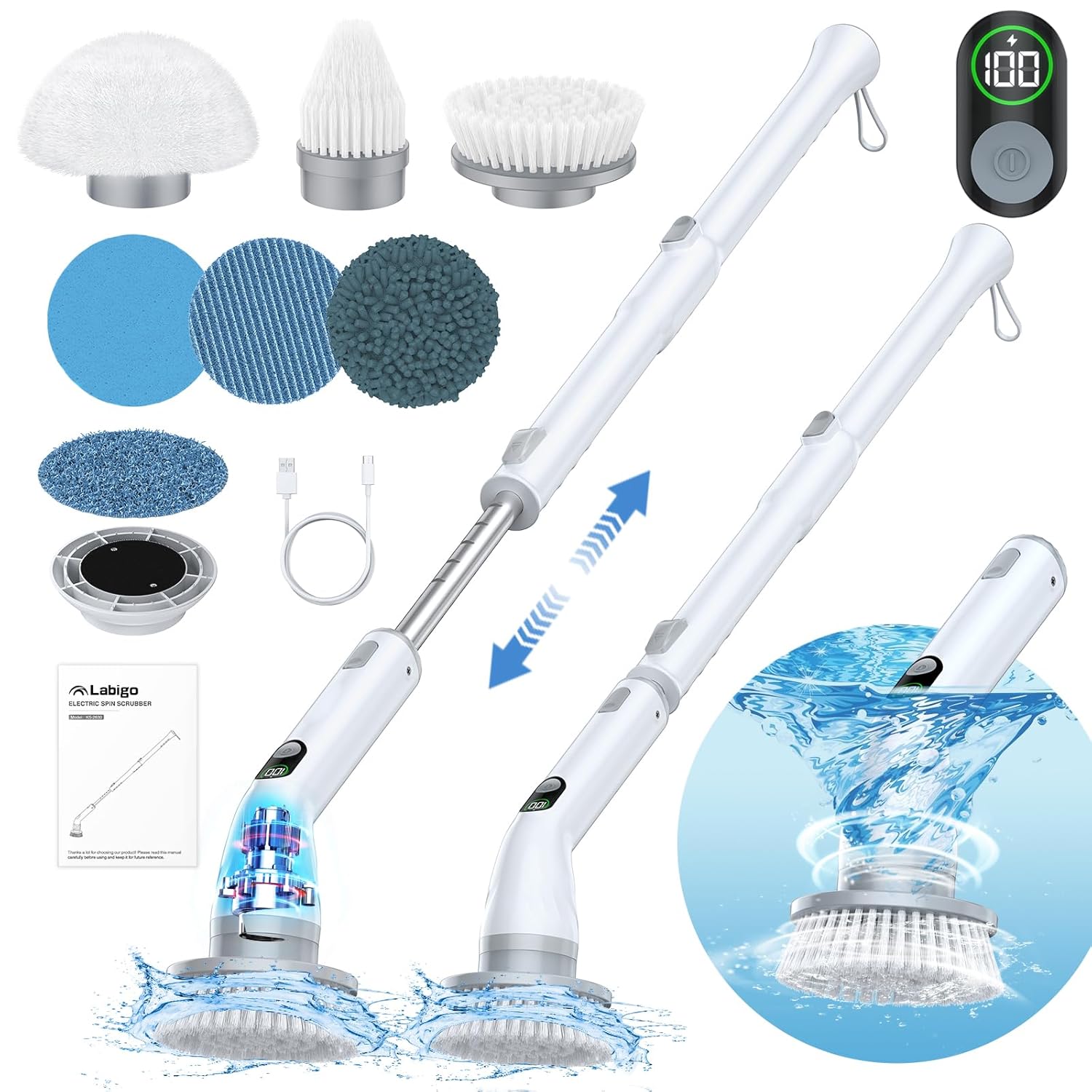 LABIGO Electric Spin Scrubber LA4 Pro Dual Speed Bathroom Scrubber with Display 6 Replacement Cleaning Heads Cordless Power