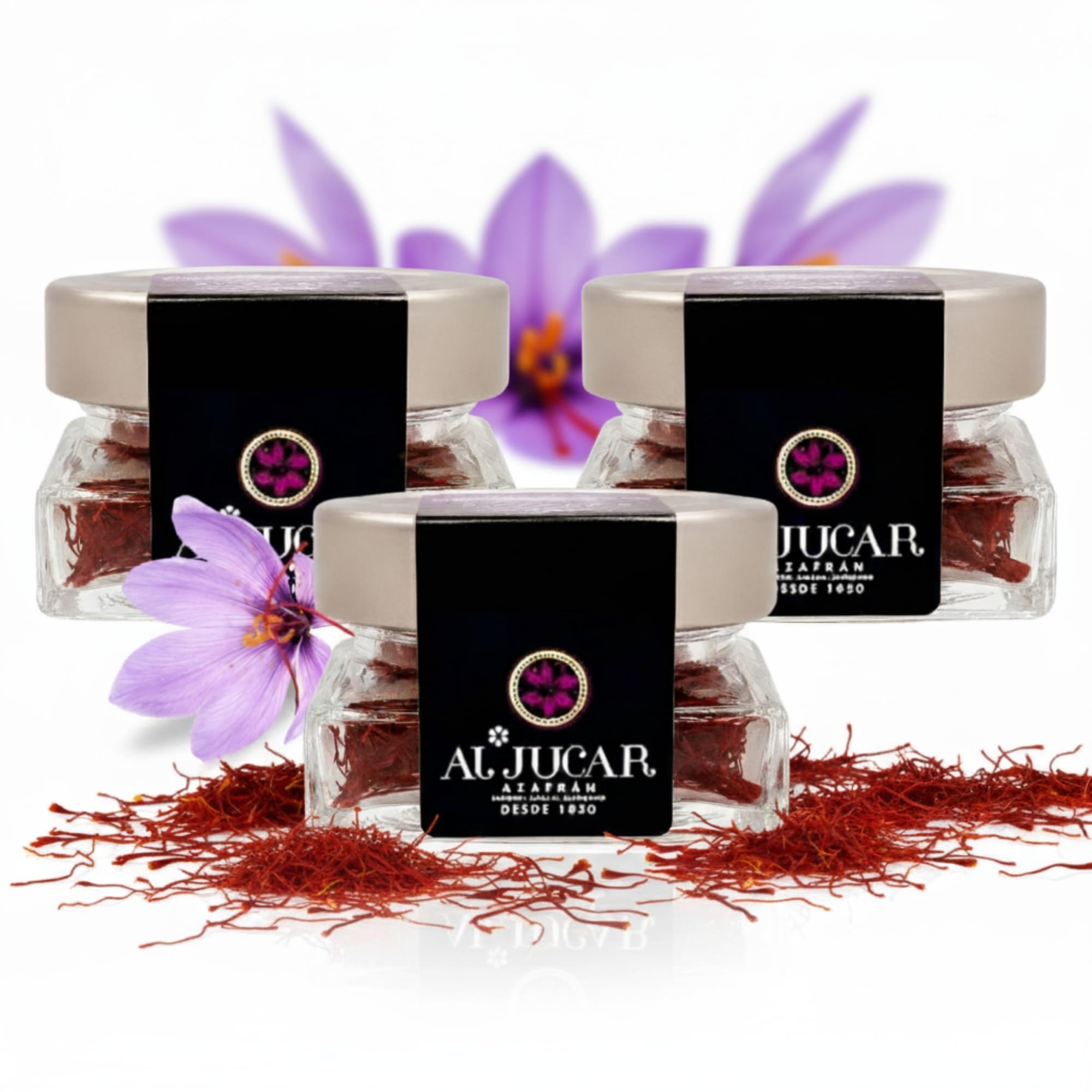 Pack 3 Tarros de Azafrán en Hebras Selecto AL-JUCAR en Hebra (6 G) – Sazonador Natural Español 100% Puro, Gran Color y Aroma, Set de Especias Gourmet para Cocinar Paella y Guisos.