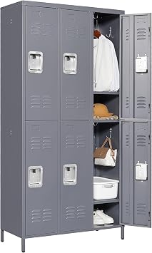 IKIMI 6 Door Metal Locker, 72in Tall Steel Employee Locker with Shelves & Hooks, Storage Cabinet for Office, Gym, School & Home,Assembly Required,Gray Color
