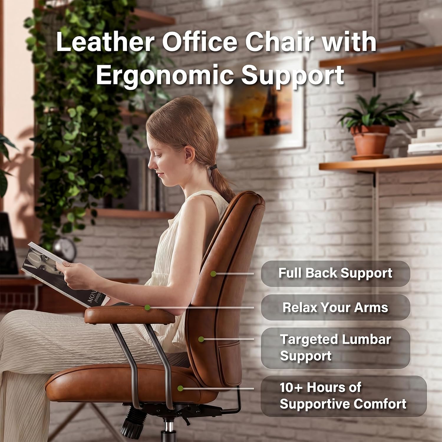 Brown Leather Office Desk Chair with Quiet Rubber Wheels, Height Adjustable, Padded Arms, Vintage Mid Century Office Chair, Retro Style Desk Chair