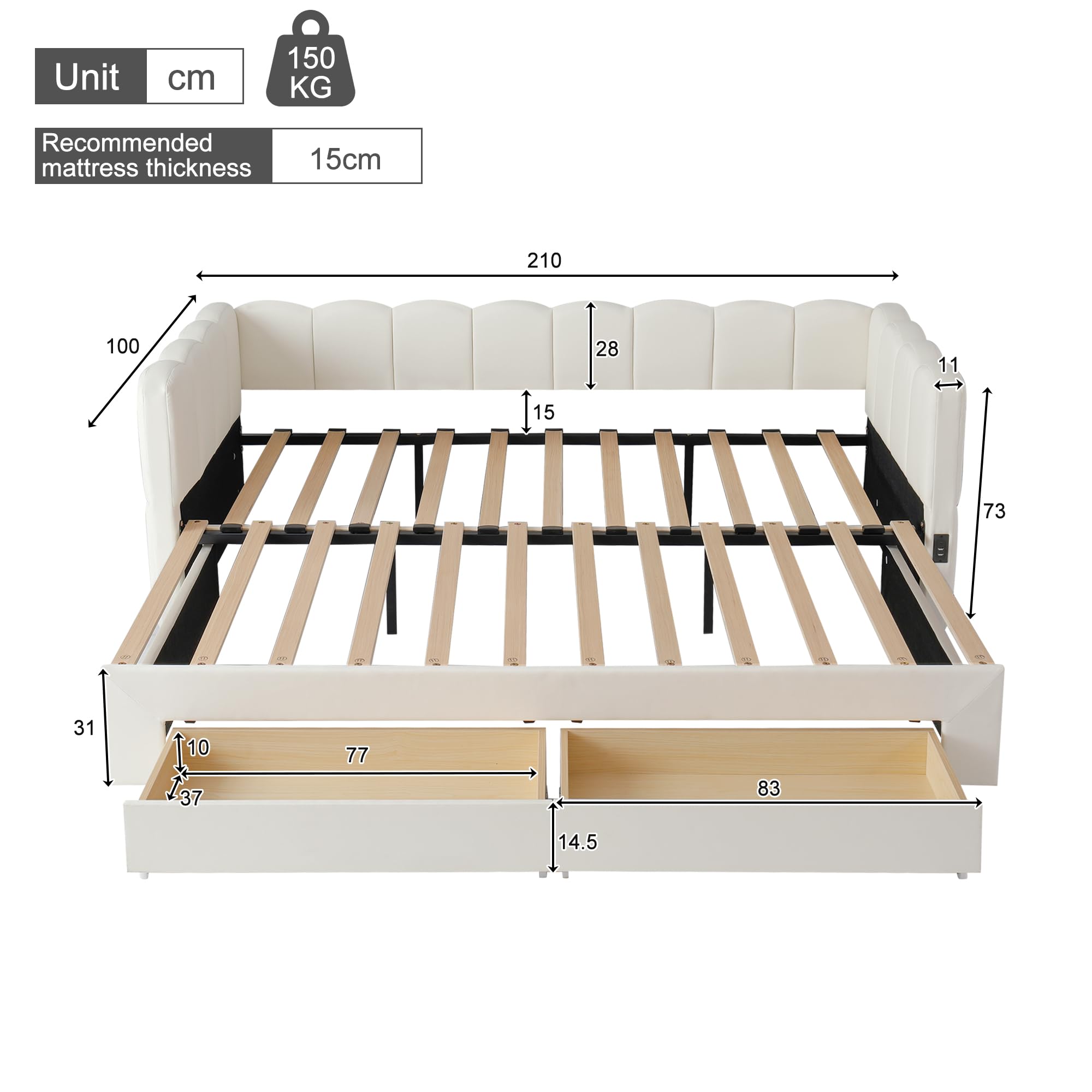 Łóżko tapicerowane, dzienne, z 2 szufladami do przechowywania, sofa do spania, 90 x 190 cm, wysuwane do 180 cm, ze złączem USB, beżowe len