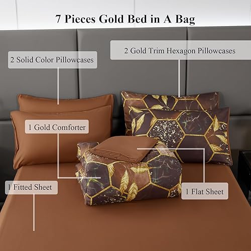 Miniatura 3 de Juego de edredón marrón dorado tamaño King, juego de ropa de cama hexagonal geométrico, edredón de 7 piezas de mármol marrón con panal en una bolsa,