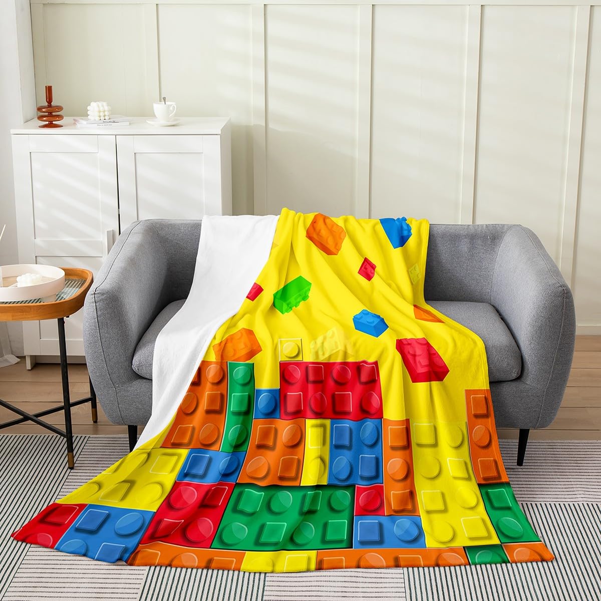Feelyou Building Block Print Plush Throw Blanket, Twin 60"x80" Kids Brick Styles Flannel Fleece Blanket for Sofa Couch Colorful All Season,Bed Blanket