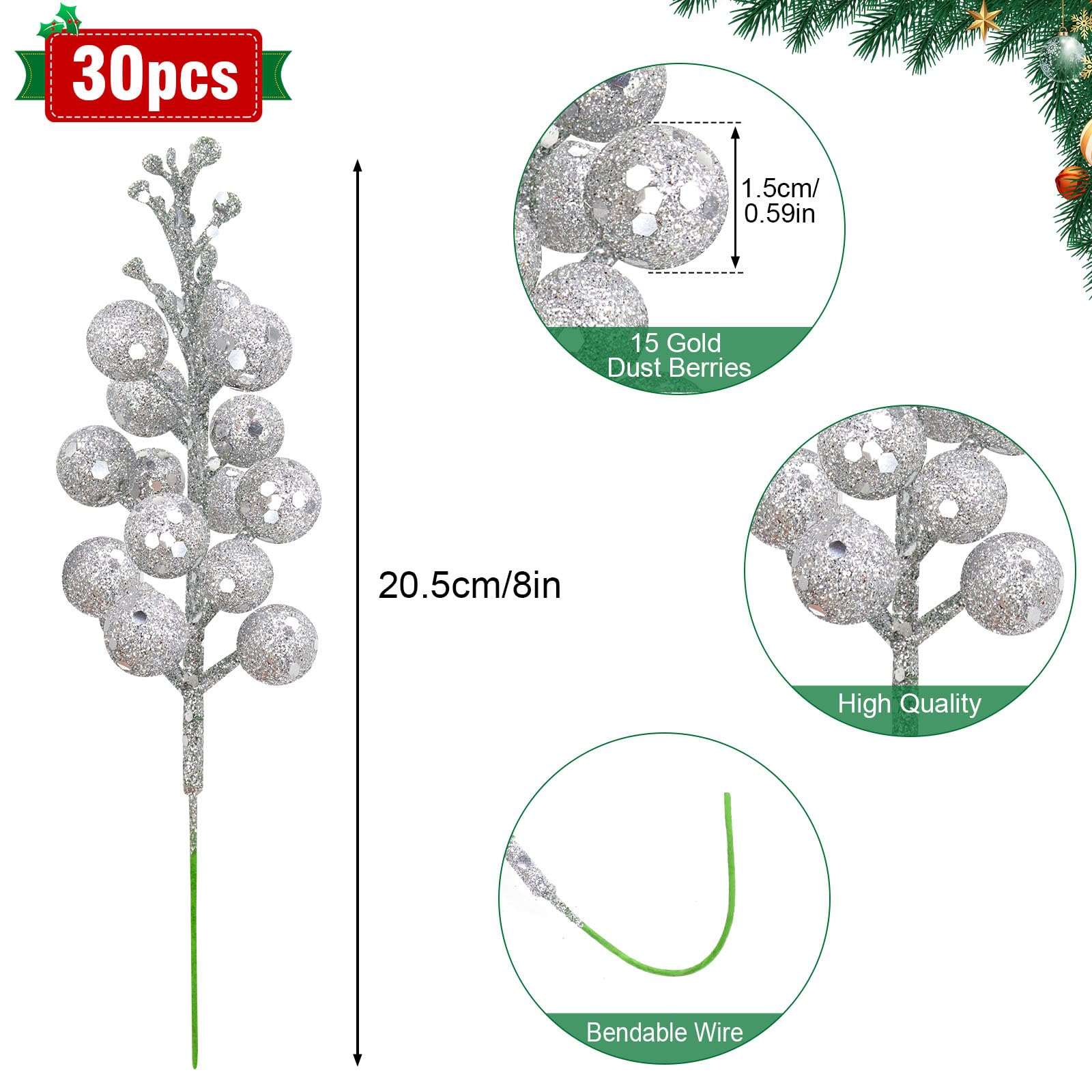 Yueshop 30 PCS Christmas Artificial Berries Stems, Christmas Tree Decorations Silver Berry Stems Glitter Berries Branches Christmas Tree Picks for Wreath Wedding Party DIY Crafts Xmas Tree Decoration - Image 2