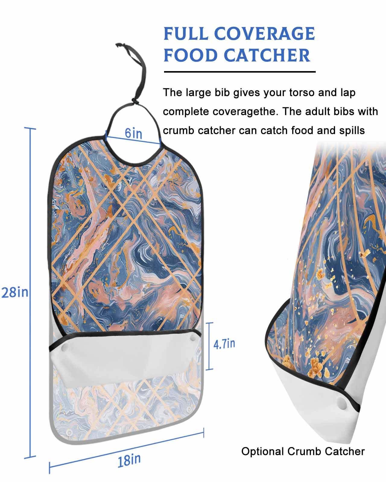 LEOKOTI Blue Adult Bibs for Eating, Waterproof Bibs with Food Catcher & Adjustable Snap Closure, Modern Geometric Marble Abstract Art Washable Clothing Protectors Adult Bibs for Elderly Women/Men