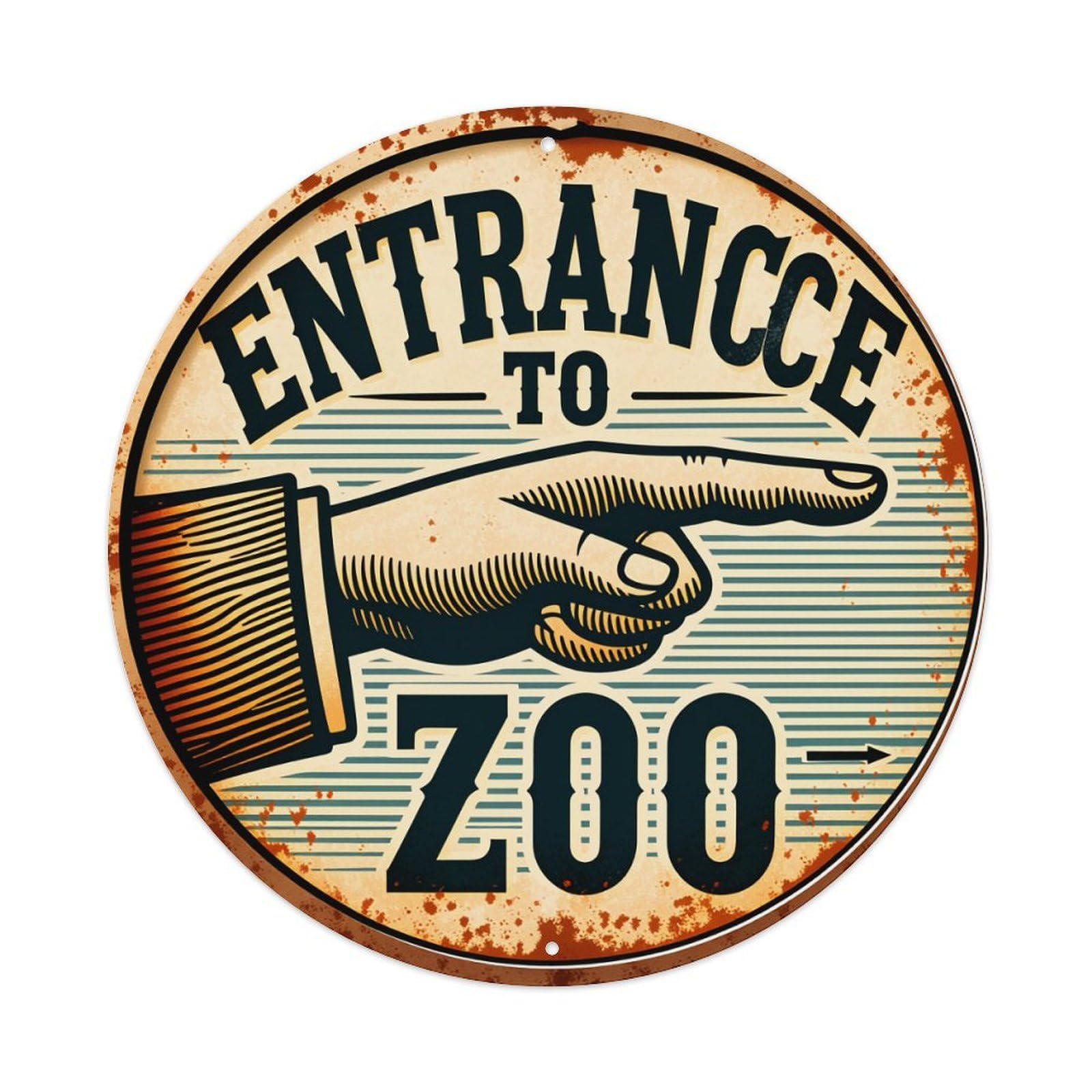 Entrance To Zoo Sign With Pointing Hand Round Vintage Tin Sign,Retro Wall Art,Metal Poster for Home, Bar, Garage, Cafe, Rustic Indoor & Outdoor Decor, 8x8 Inches