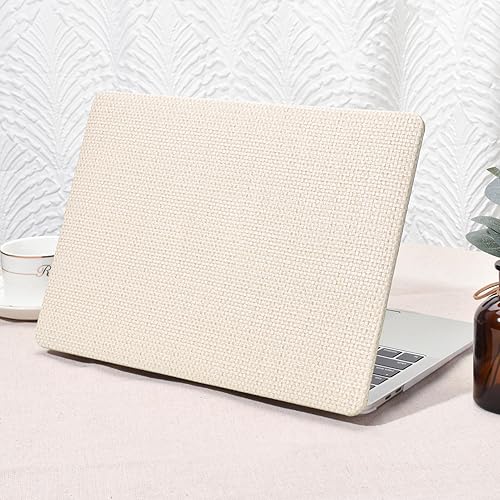 Seorsok Compatible with MacBook Air 13 Inch Case 2022-2018 Release A1932 A2179 M1 A2337 Touch ID,Elegant Leather Plastic Hard Shell Case with Keyboard Cover,Beige Woven Fabric No Logo Cutout Design