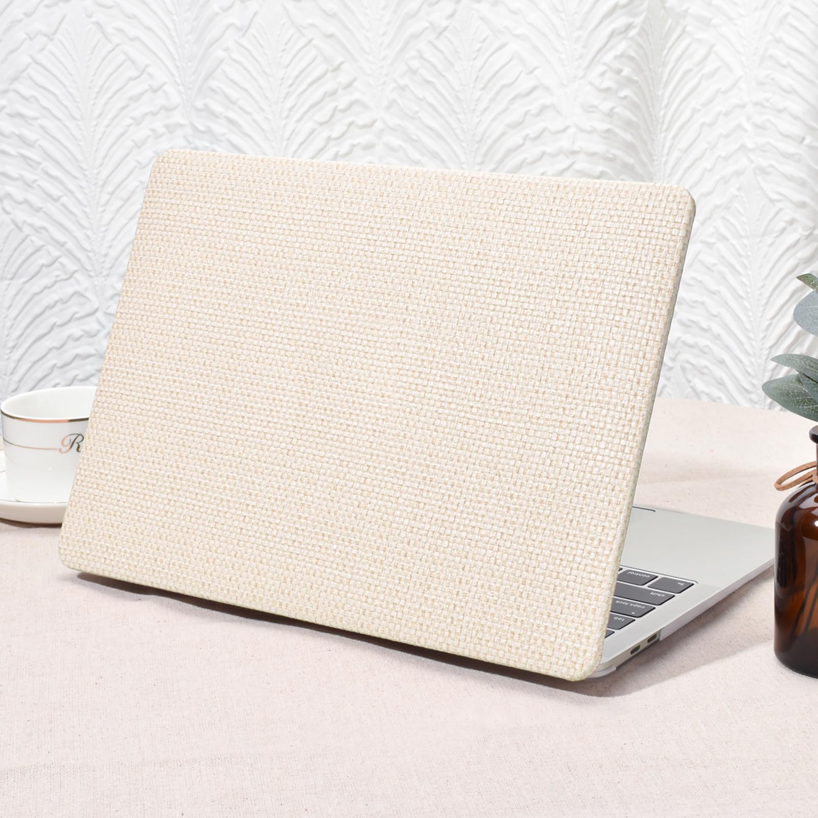 Seorsok Compatible with MacBook Air 13 Inch Case 2022-2018 Release A1932 A2179 M1 A2337 Touch ID,Elegant Leather Plastic Hard Shell Case with Keyboard Cover,Beige Woven Fabric Design