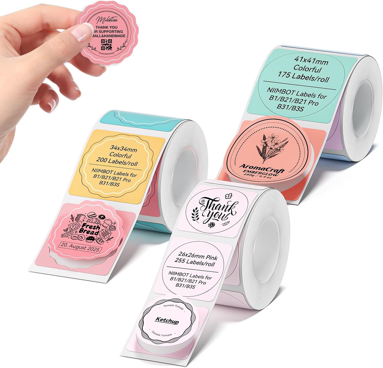 NIIMBOT Labels Waterproof Self-Adhesive Label Tape for B1 B21 B31 B3S K3 Label Printer, 3 Rolls Thermal Label Tape for Home Use, 26 x 26 mm Pink, 34 x 34 mm Colourful, 41 x 41 mm Colourful