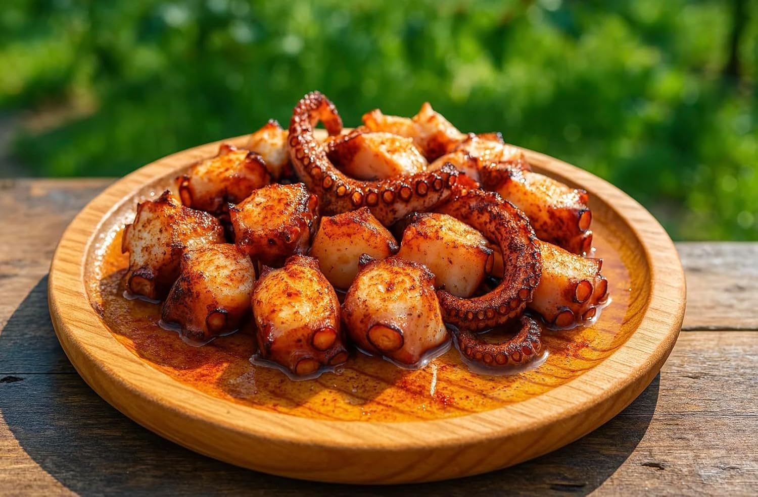 Platos de Madera para Pulpo - Plato para Servir Aperitivos, Jamón, Queso, Embutidos o Pizza - Platos de Presentación - Set de 6 - Diámetro 28 cm
