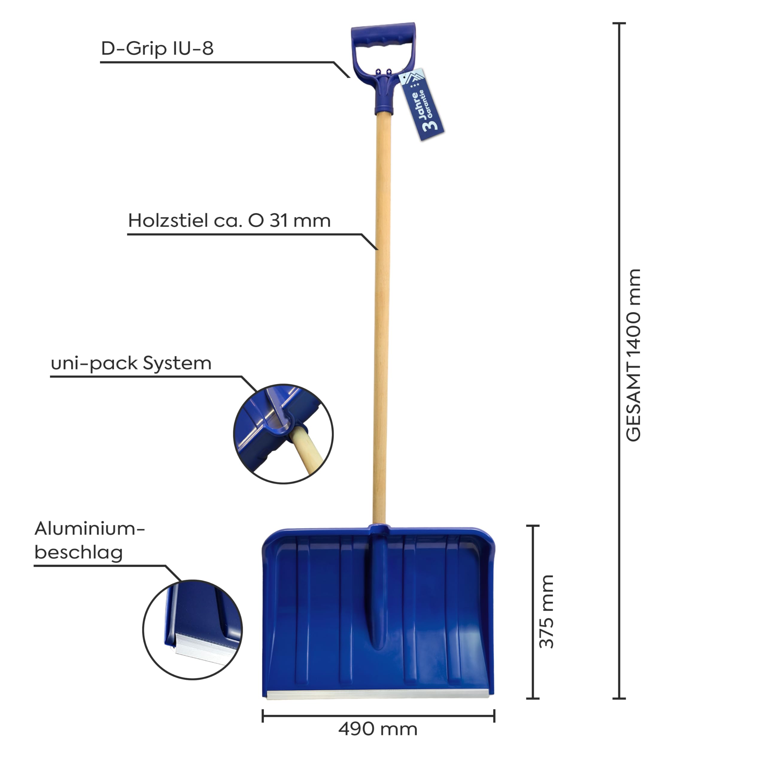Schneeschaufel 140 cm mit Aluminium-Blatt – 49 cm breit, robuste Schneeschippe für Winterdienst, leicht & ergonomischer Schneeschieber