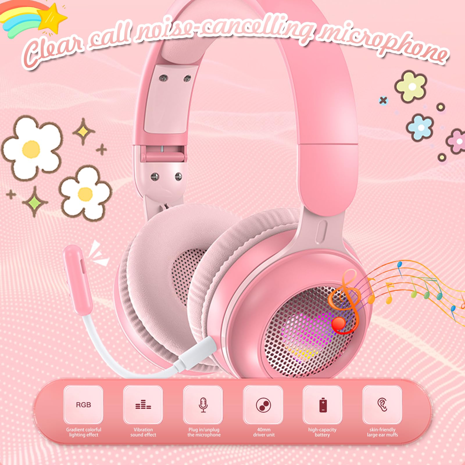 Auriculares Bluetooth con cancelación de ruido para niños, plegables con luz LED, auriculares de orejas de gato para niños pequeños con micrófono/tarjeta TF, auriculares Bluetooth para niños