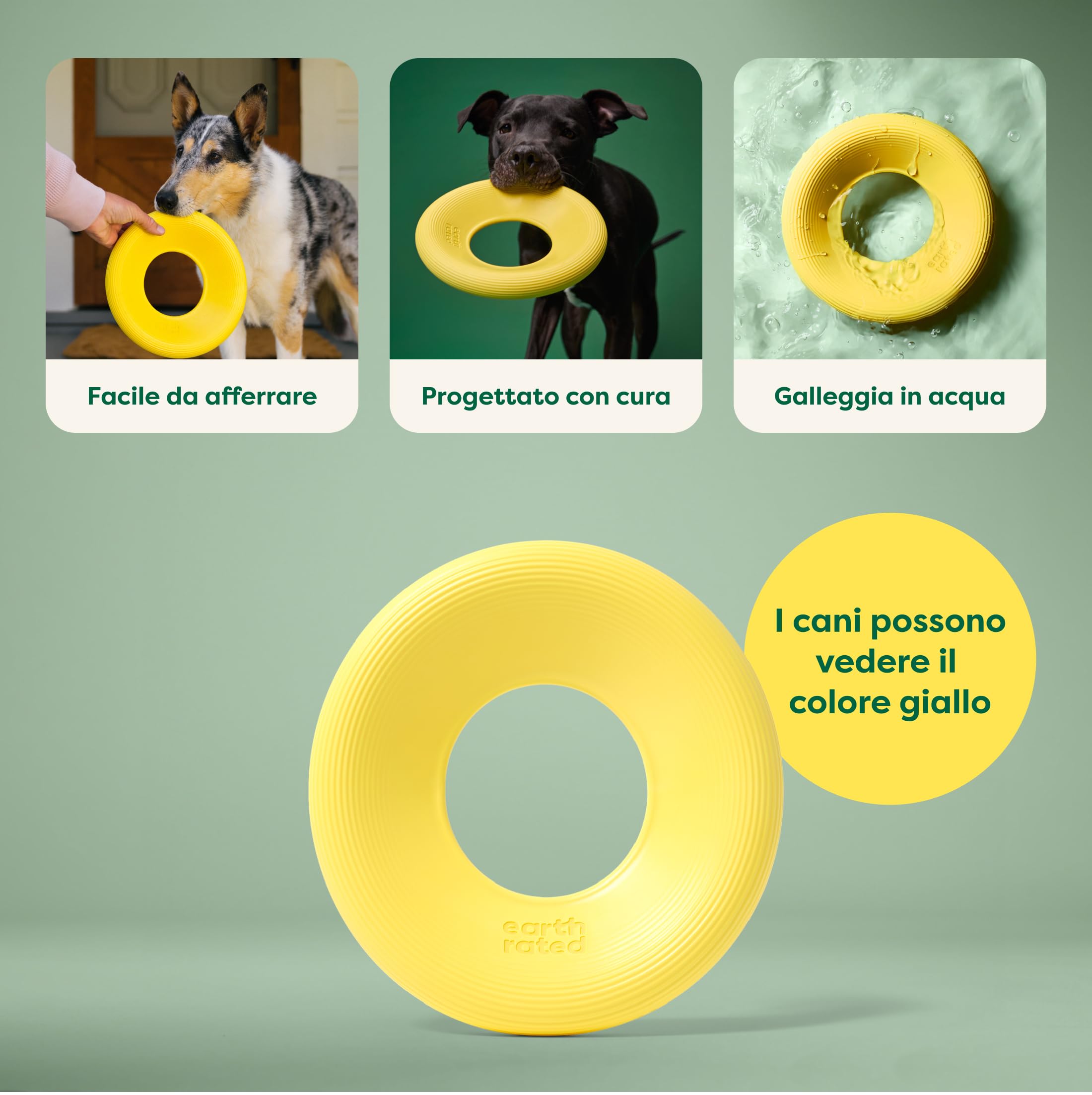 Earth Rated Disco volante per cani, giocattolo interattivo per cani adulti e cuccioli, galleggia in acqua, grande, giallo