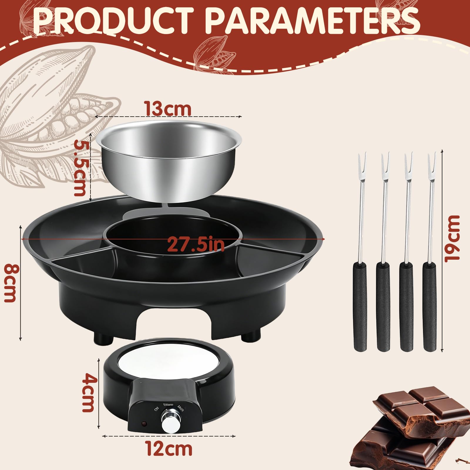 Set à Fondue au Chocolat Électrique 260 ML, Pot à Fondue Chocolat avec 2 Niveaux de Température, Casserole Amovible en Aluminium, Appareil à Fondue avec 4 Fourchettes, pour Fruits et Desserts