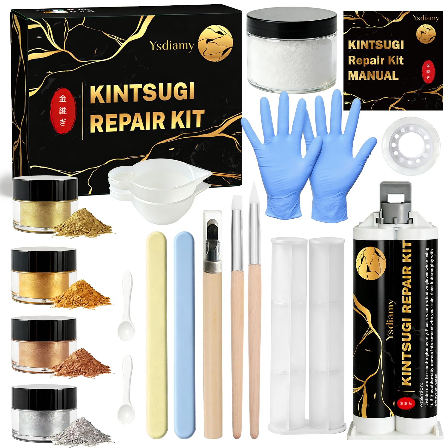 Kintsugi Repair Kit Food Safe Ceramic Glue with Gold Powder Complete Kintsugi Kit for Fixing Broken Ceramics Glass