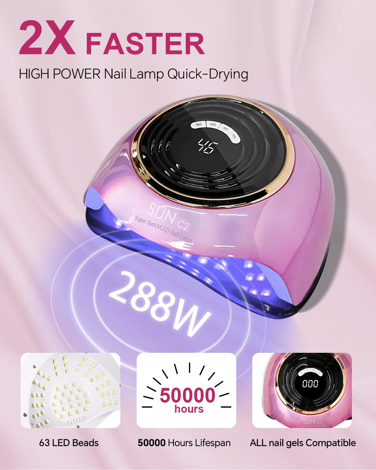MIRAGE LAYON UV LED Nail Lamp, 288W Professional Nail Dryer for Gel Polish, 63 LED Beads Automatic Sensor Nail Curing Lamp with 4 Timer for Woman Girl Salon at Home
