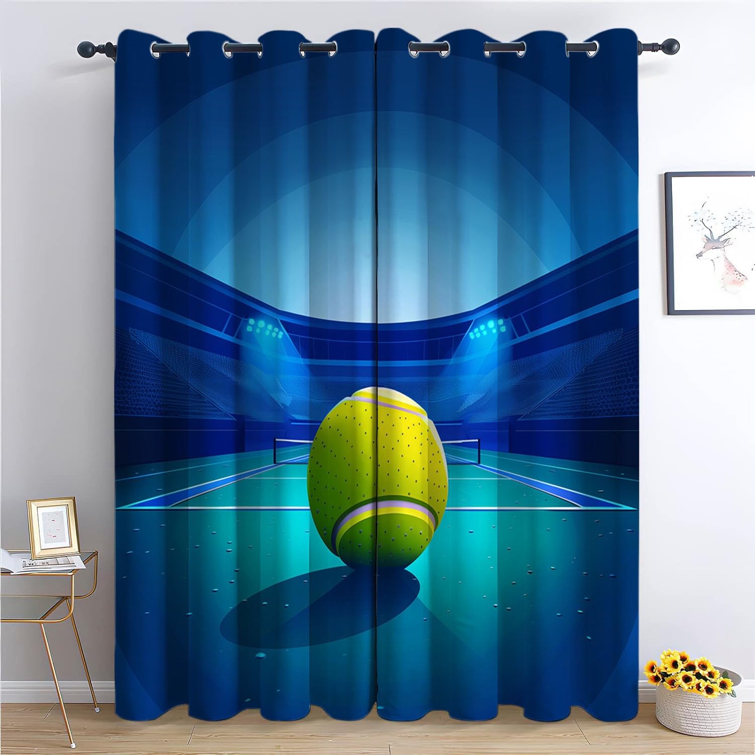 Rideaux Occultants Thermiques Bleus Motifs Tennis Rideaux Opaques Bloquant la Lumière du Jour