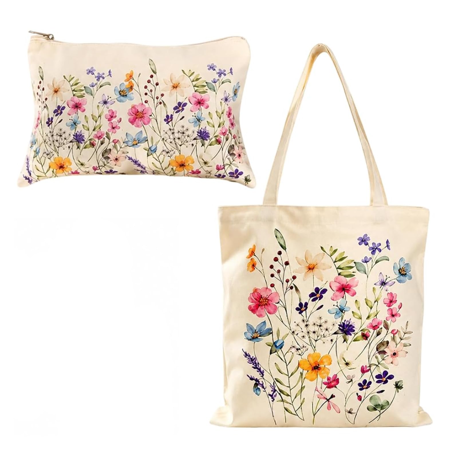 QhgPnt 2-Piece Set Small Tote Bag with Zip, Canvas Tote Bags with Small Pouch for Women, Floral Print Design for College Classes and Daily Commuting, Reusable Grocery Bag for Gym, Travel, Work