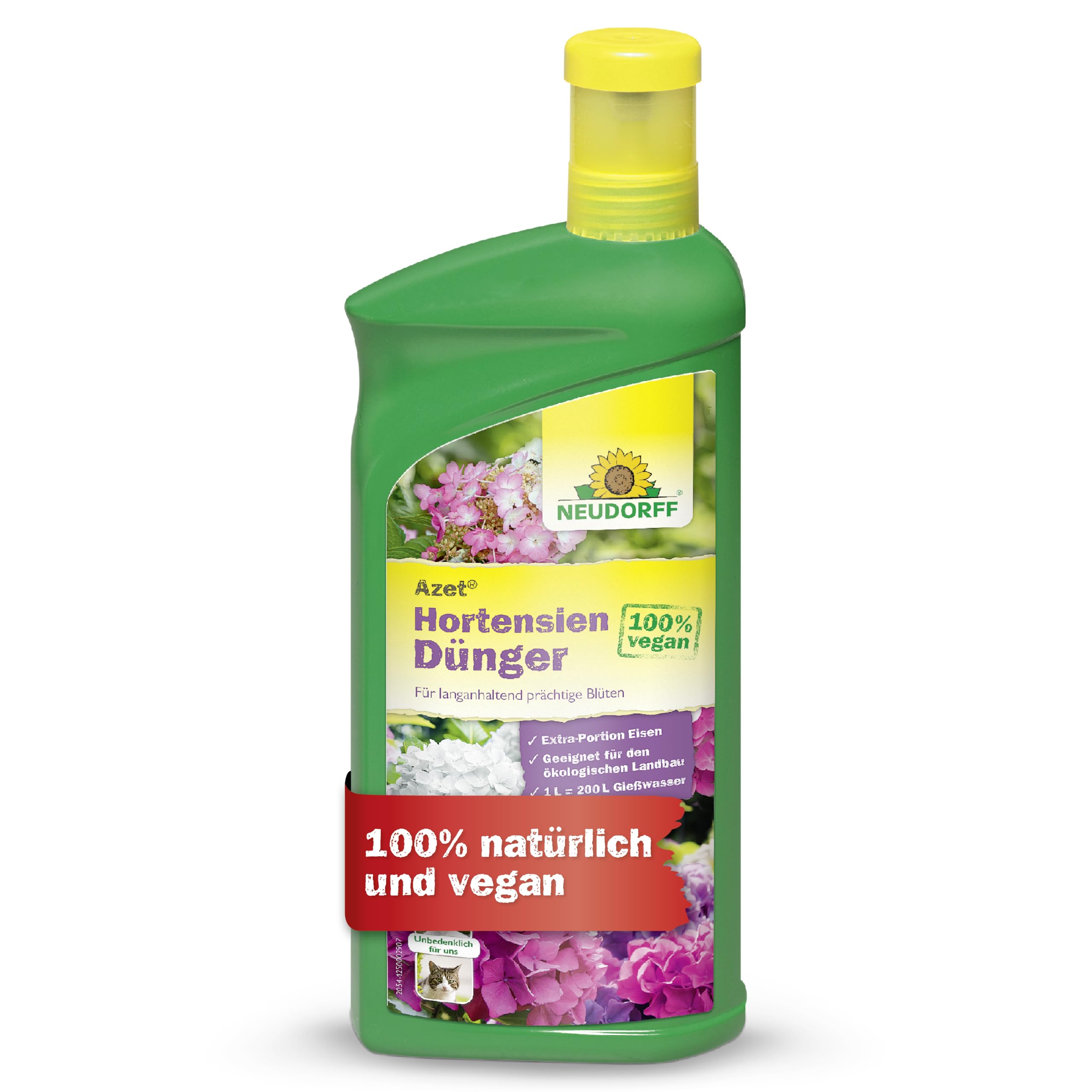 Neudorff Azet HortensienDünger - 100% natürlicher Bio Dünger mit hohem Kaliumgehalt und Extra Eisen für prächtig blühende Hortensien im Beet und Kübel, 1 Liter