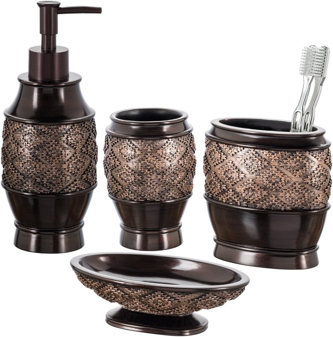 Creative Scents Dublin Bathroom Accessories Set, Bathroom Decor Sets Accessories Includes Soap Dispenser, Bar Soap Dish, Tumbler, and Toothbrush Holder for Your Vanity Countertop (Brown)