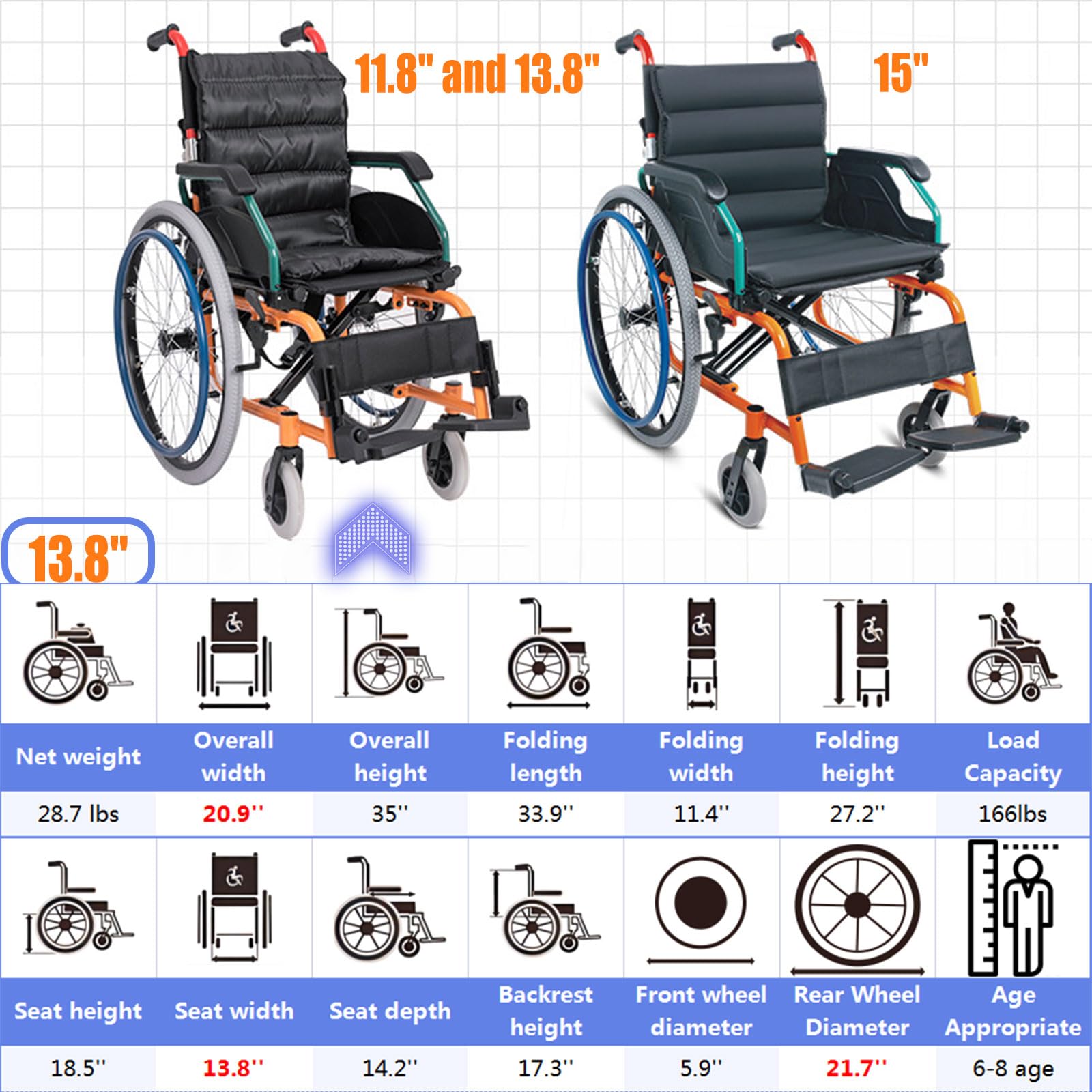 Silla de ruedas pediátrica para niños con parálisis cerebral, asiento ultraligero extra estrecho, silla de ruedas manual plegable con cinturón de seguridad y soporte para los pies