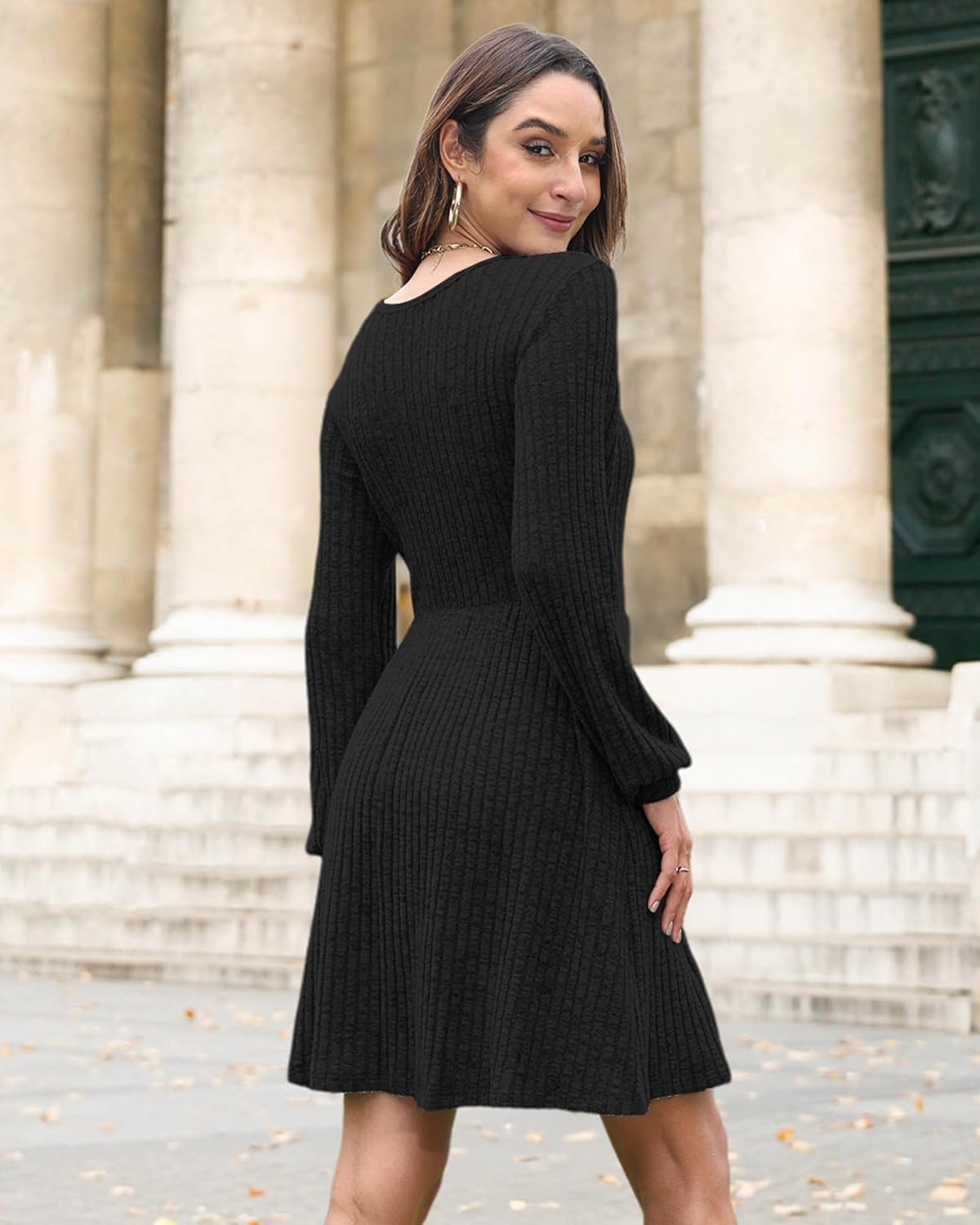 AUSELILY Womens Fall Dress 2025 Long Sleeve V Neck Short Dress Lightweight Casual Knit Sweater Dresses with Pockets - Image 3