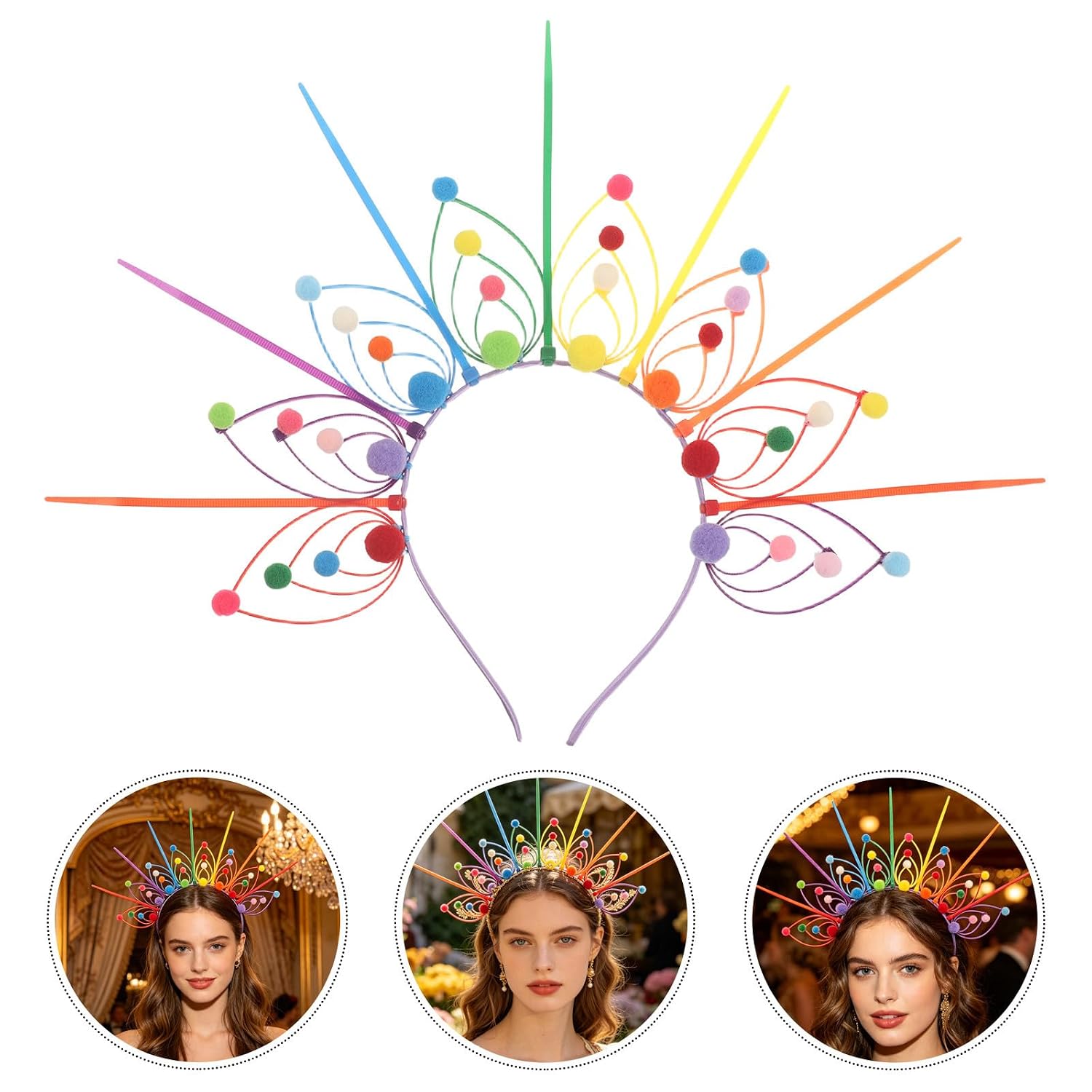 Rainbow Headband for Women, Lightweight and Flexible Colorful Pom Pom Headpiece, Baroque Style Tiara Outline Hair Accessory for Party and Parade, Vibrant Carnival Costume