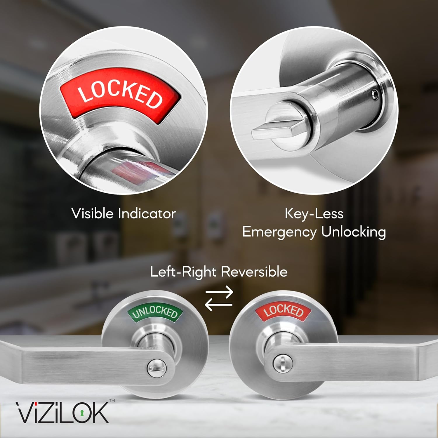 VIZILOK Commercial Door Lock for Bathroom Privacy, Safety, Standard Locked - Unlocked Indicator Lock in Satin Chrome, ANSi Grade2, Perfect for Restaurants, Medical Offices, Airbnb, Dorms, Gyms