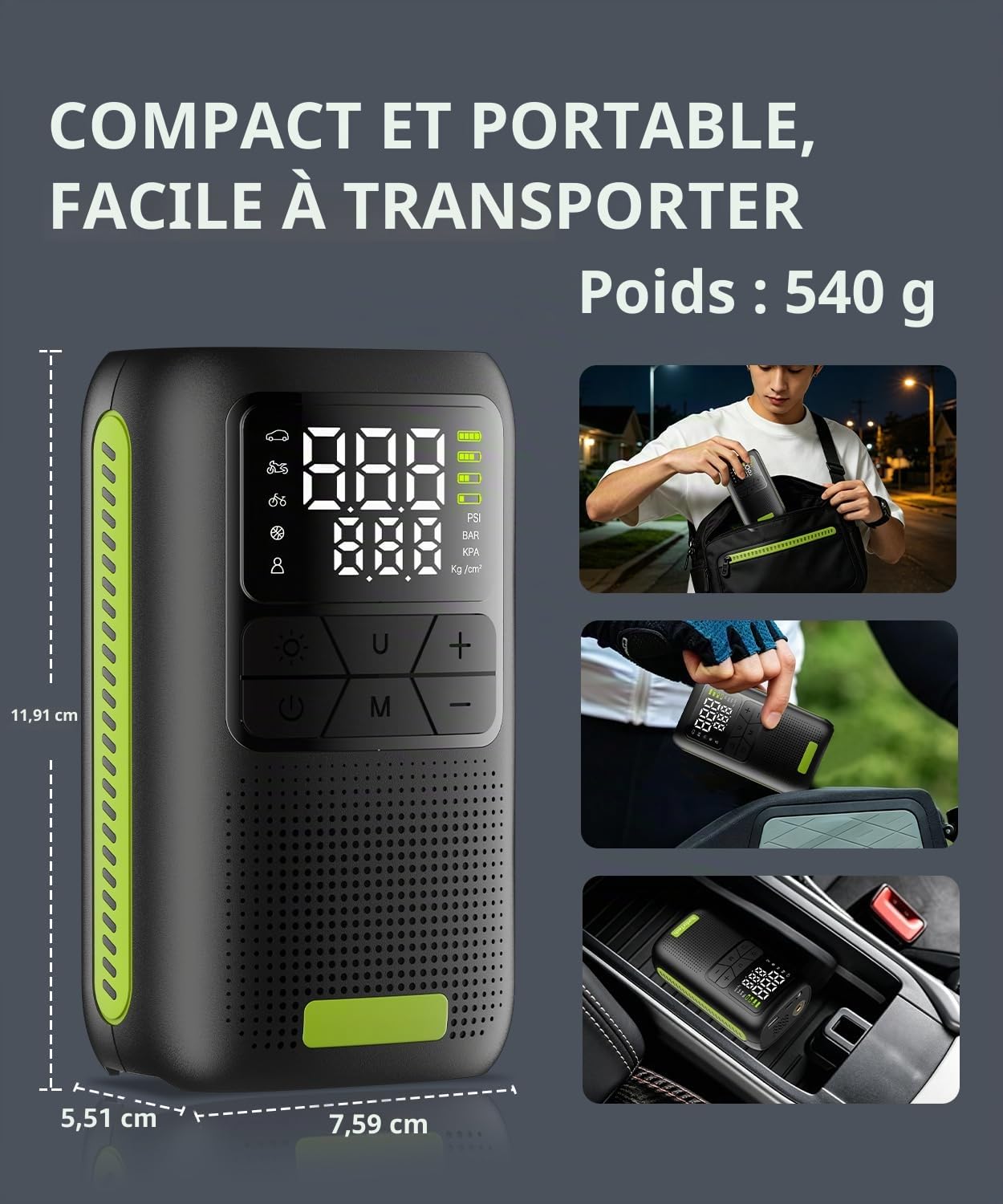 Compresseur d'air Portable sans Fil 150 PSI, gonflage Rapide avec Cylindre 19 mm. | USB-C, arrêt automatique, éclairage LED. Compatible pneus voiture, moto, vélo et ballons de sport.