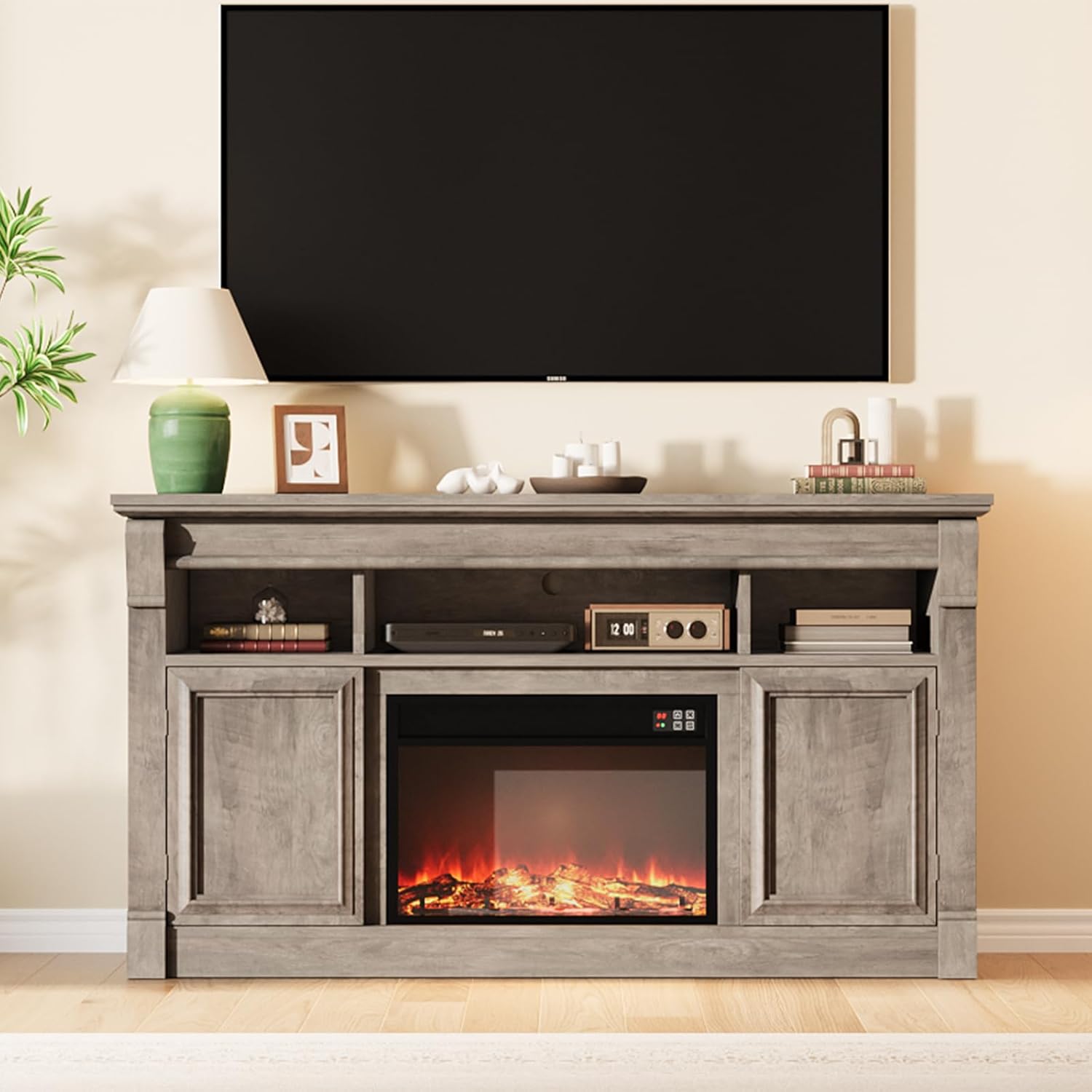 GarveeHome 58" Farmhouse Electric Fireplace TV Stand for TV Up to 65", Entertainment Center with 30'' Fireplace, Console Table TV Cabinet with Open Storage Shelves for Living Room