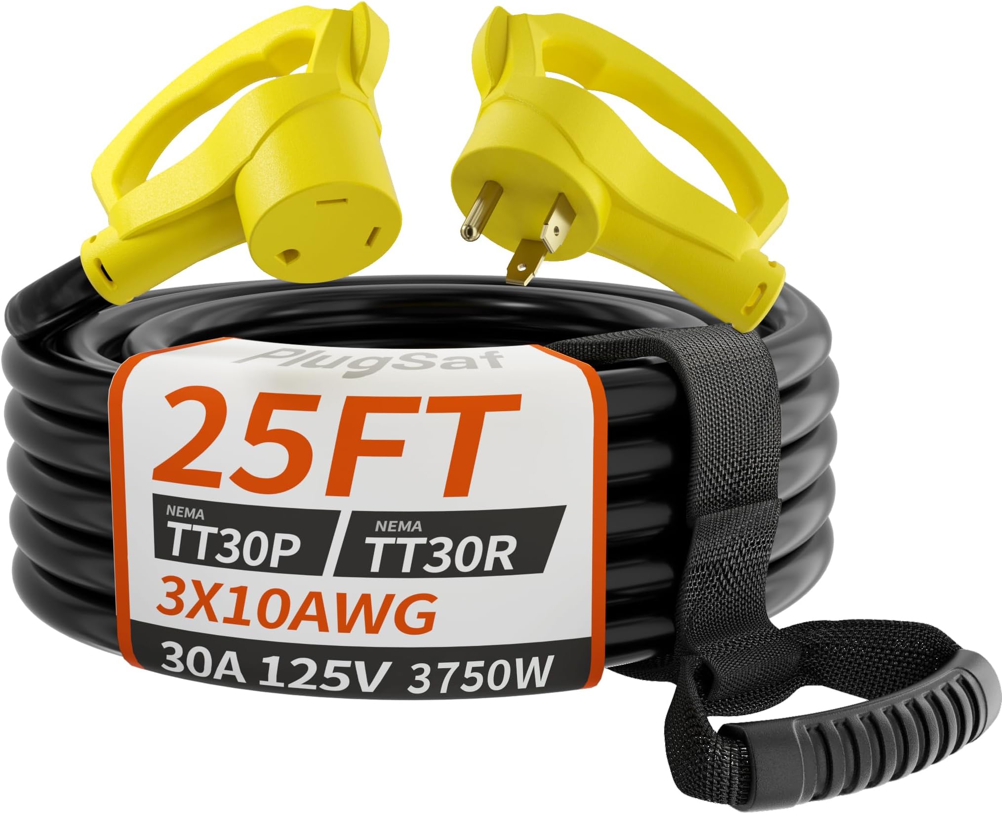 25 FT 30 Amp RV Extension Cord Outdoor with Grip Handle, Flexible Heavy Duty 10/3 Gauge STW RV Power Cord Waterproof with Cable Organizer, NEMA TT-30P to TT-30R, Black-Yellow, ETL Listed