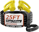 PlugSaf 25 FT 30 Amp RV Extension Cord Outdoor with Grip Handle, Flexible Heavy Duty 10/3 Gauge STW RV Power Cord Waterproof with Cable Organizer, NEMA TT-30P to TT-30R, Black-Yellow, ETL Listed