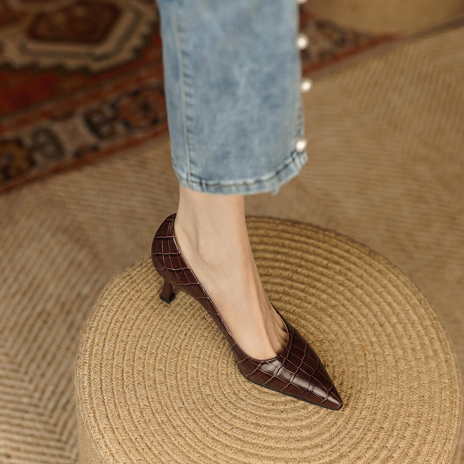 FOWT Simple Solid Croc-Embossed Pointed Toe Pumps Women Dressy Slip on Thin High Heels Sexy Shallow Party Evening Dance Shoes US Size 4-16