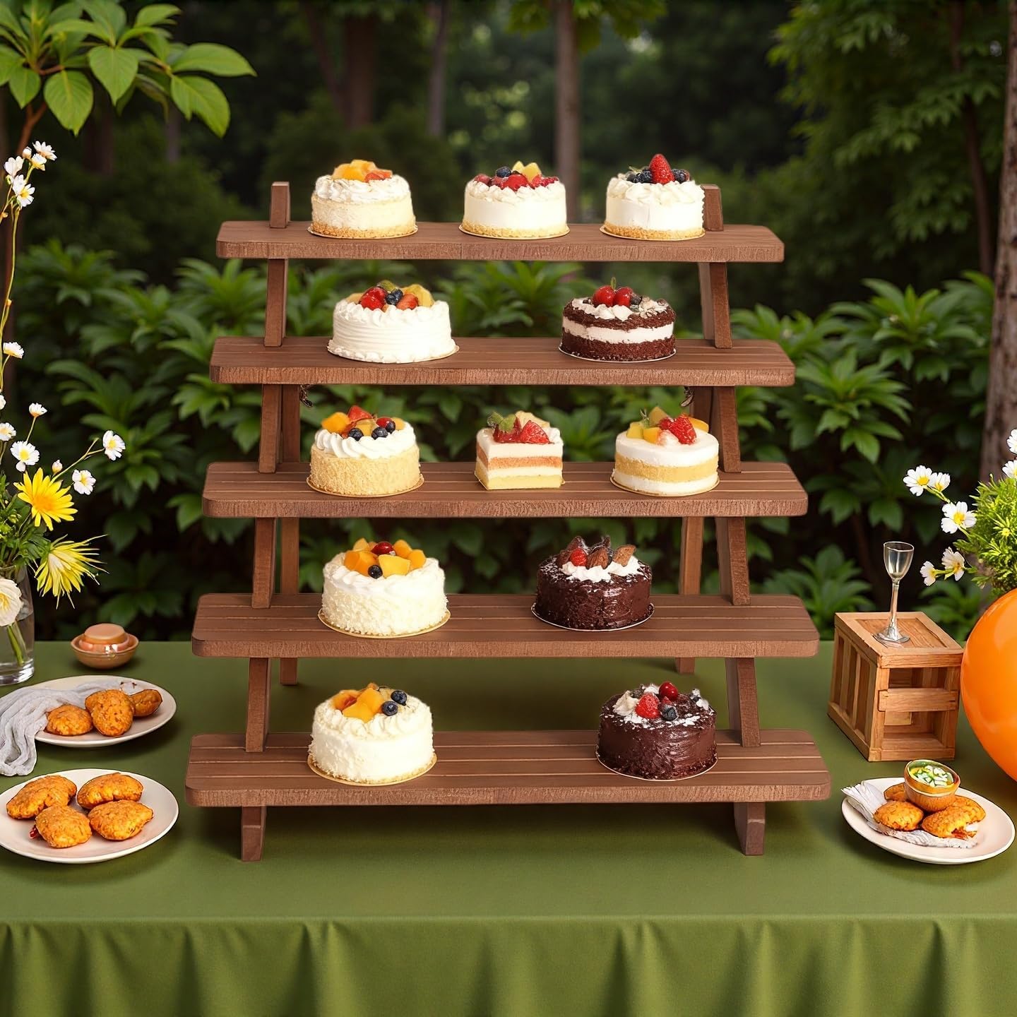Wooden Cake Stand 5 Tiered Tray Stand for 30 Cupcakes Stepped Wood Display Stand for Weddings, Tiered Party Table Display Riser for Food, Dessert, Cookie (Wood, 5-Layer Cake Rack) - Image 7