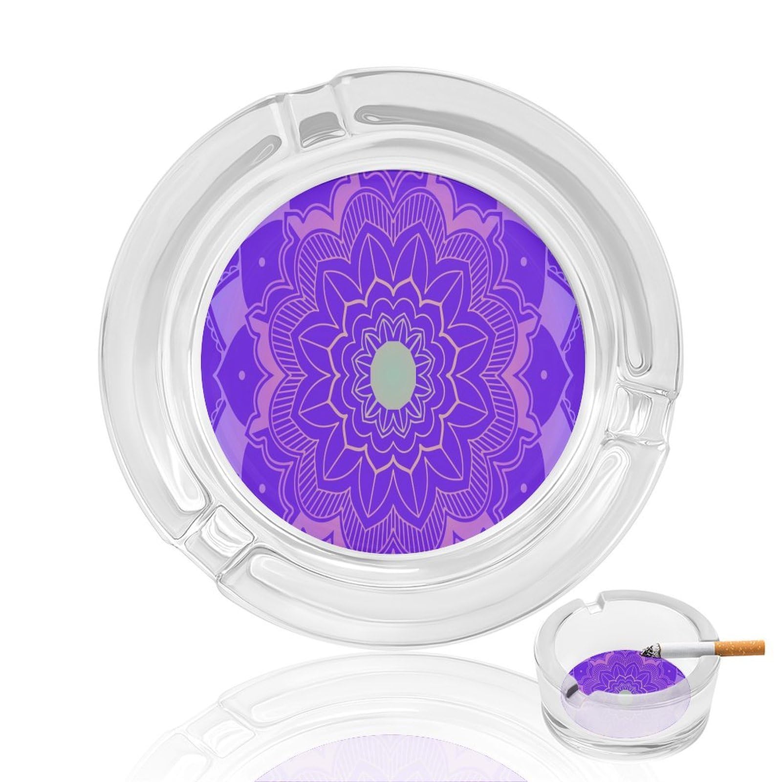 Colorful Mandala Pattern276 Glass Ashtray 3.3 Inch Round Cigarette Ash Holder with 4 Grooves for Home Office Outdoor One Size