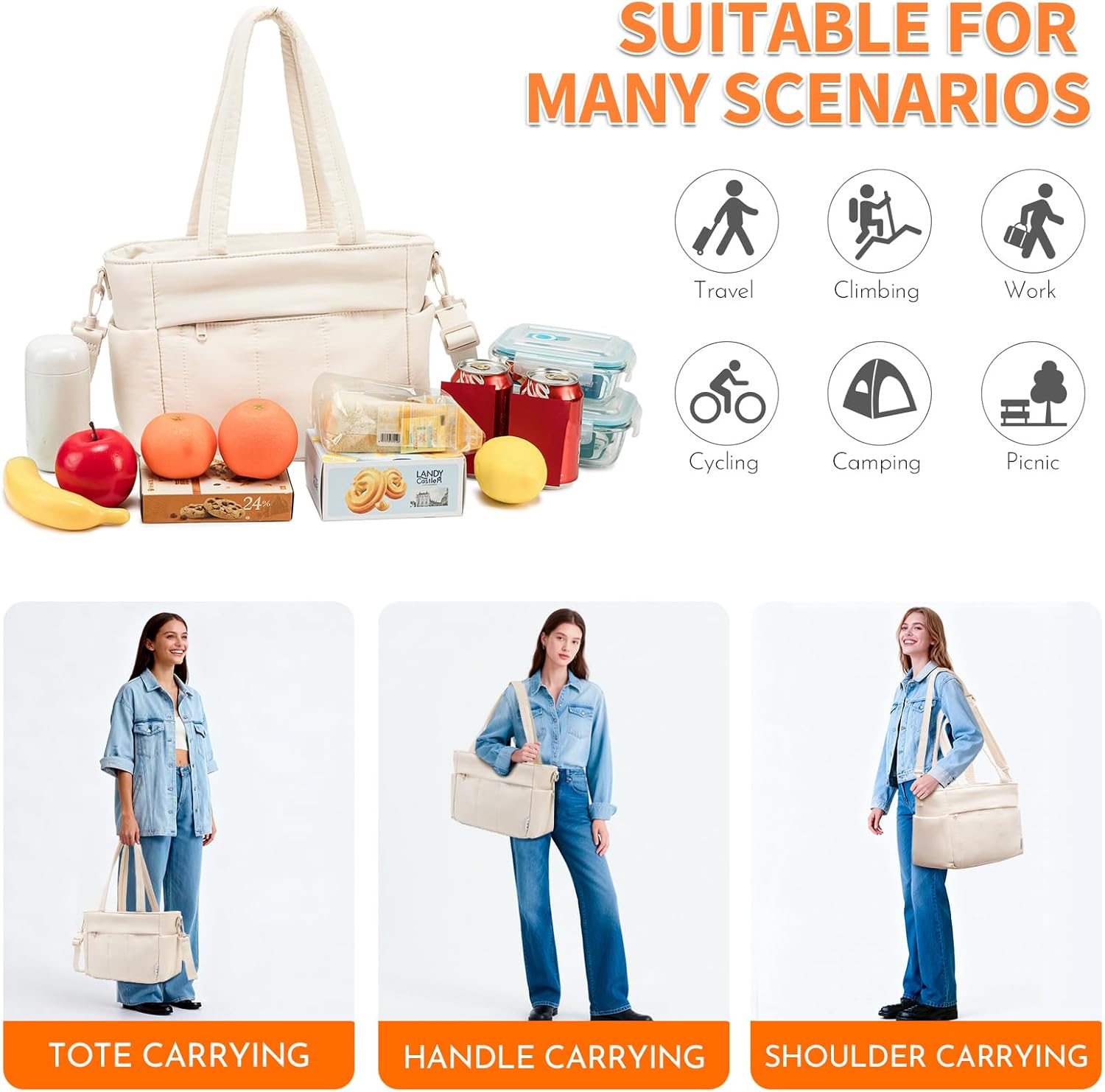 NOL Natural Organic Lifestyle Lunch Bag for Women – Lightweight Puffy Leakproof Cooler Tote with Adjustable Strap, Freezable & Insulated for Work/Outdoor (Cream)