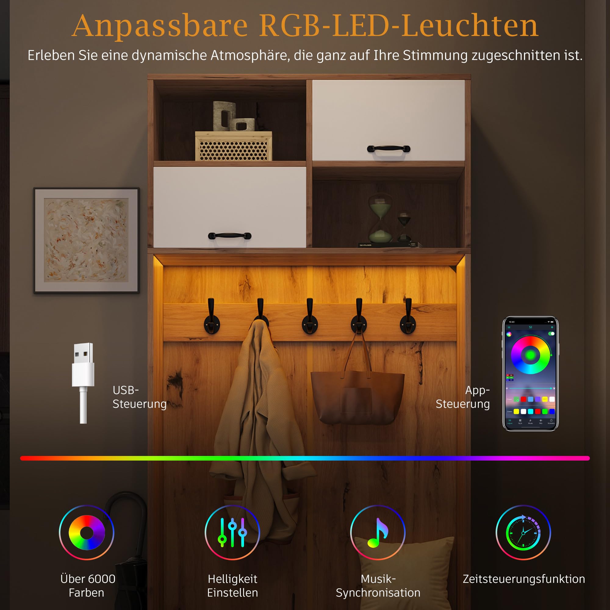Garderobenset, Komplett-Set Flurgarderobe mit Sitzbank, 5 Haken, 2 Türen & 6 Offener Lagerraum - Naturholzfarbe und Weiß, 80×185×35 cm