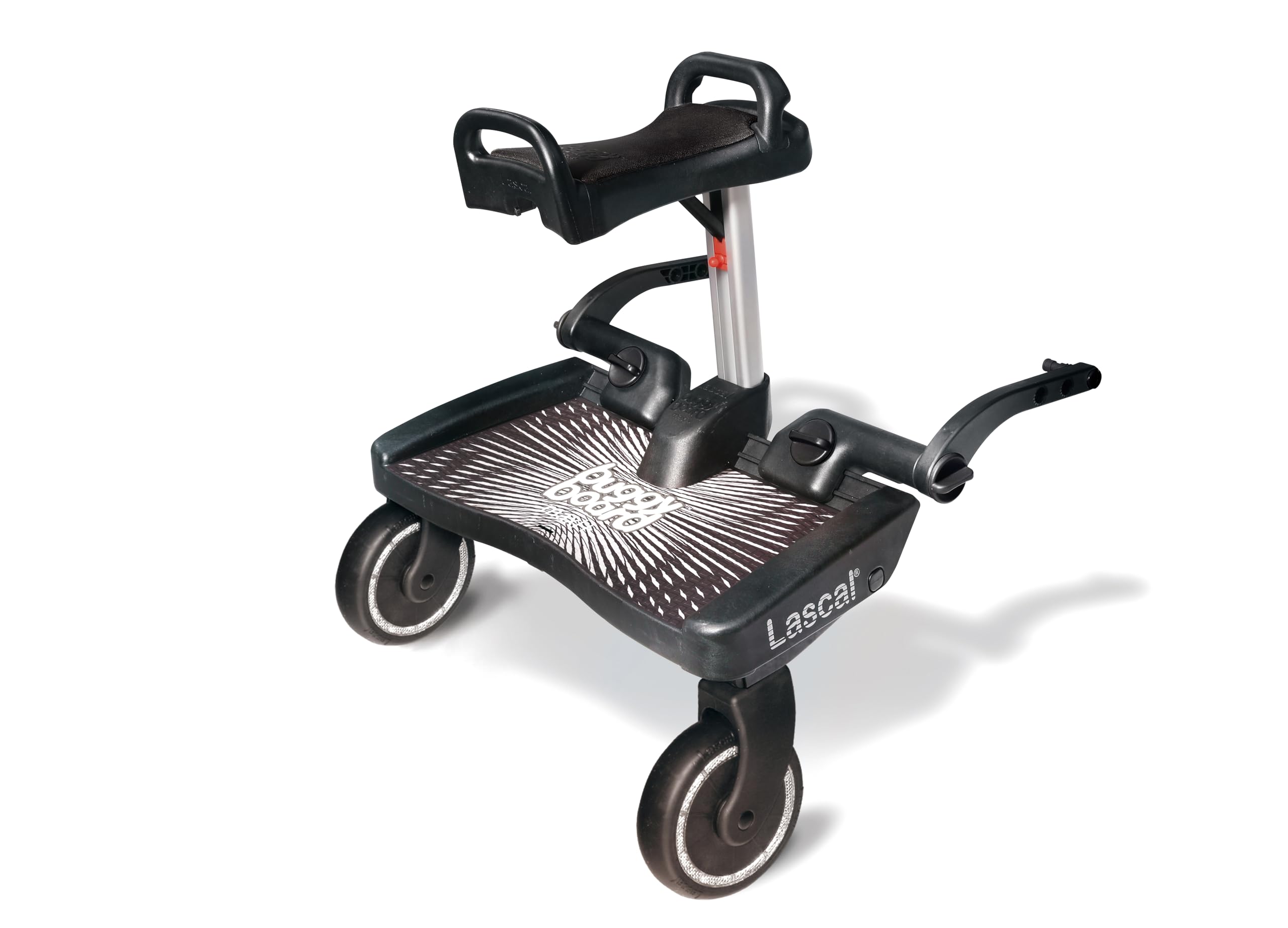 Lascal BuggyBoard Maxi+, Kinderbuggy Trittbrett mit großer Stehfläche und Saddle, Kinderwagen Zubehör für Kinder von 2-6 Jahren (22 kg), kompatibel mit fast jedem Buggy, schwarz mit rotem Sattel