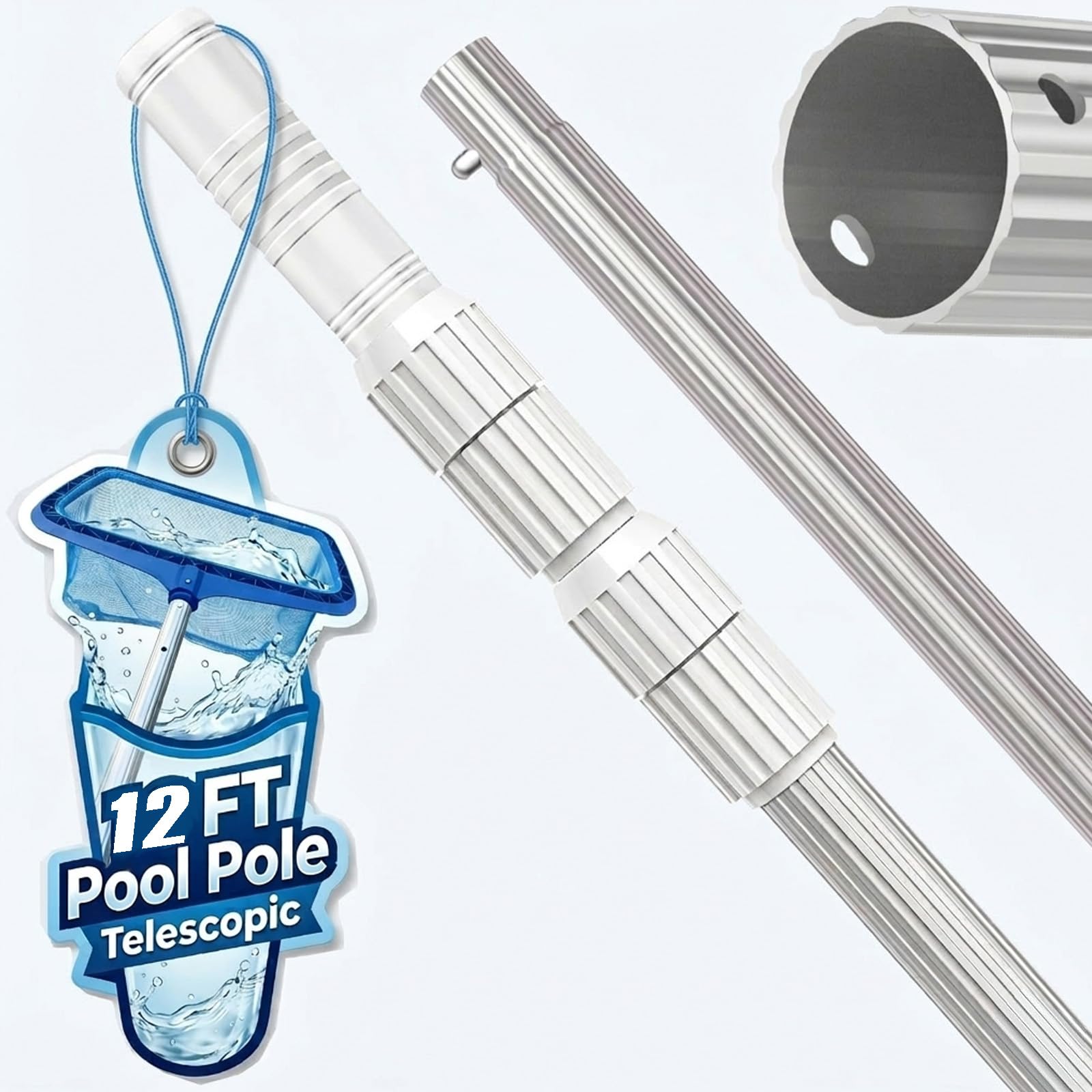 ROMIVO Pool Pole Telescopic 12 FT (365 cm), Pool Skimmer Pole, Adjustable 3 Piece Aluminum Pool Net Pole, Telescoping Pool Brush Pole, Pool Cleaning Pole, Heavy Duty Swimming Pool Poles